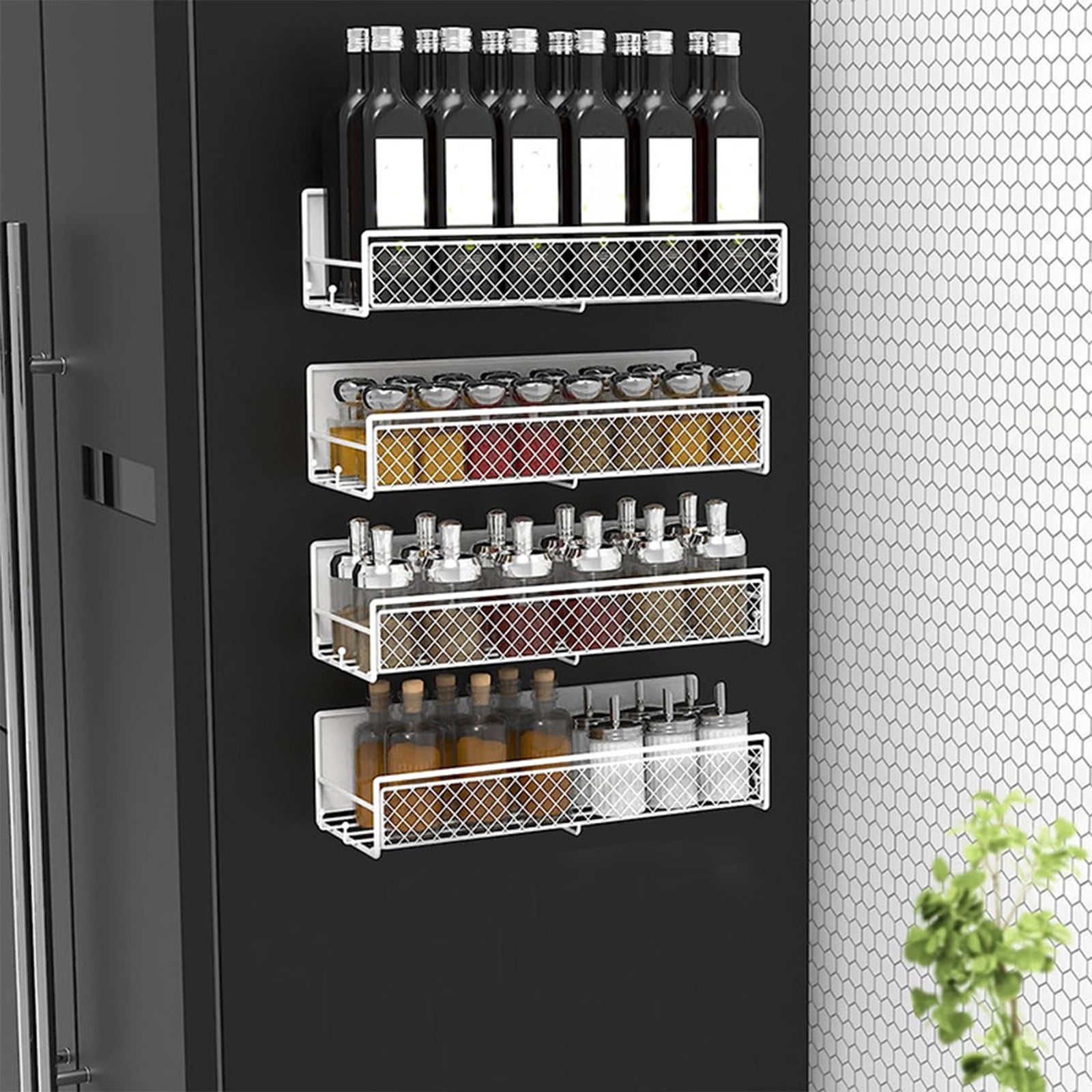 Darzheoy Magnetic Spice Rack Organizer Mesh Design for Refrigerator Oven, Black Storage Rack for Kitchen Spices Condiments, Easy Install Fridge Organizer White - Image 1