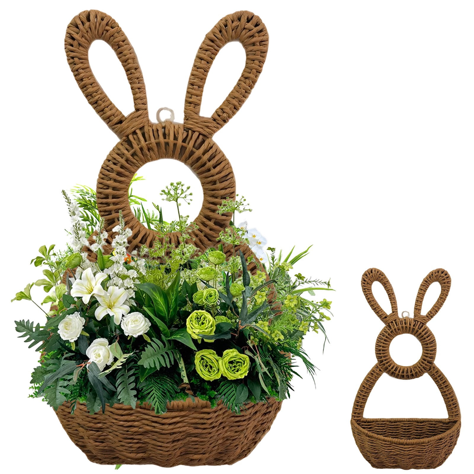 Darzheoy Bunny Basket Hanging Wall Pocket Spring Decor, Hand Woven Wicker Easter Basket, Wicker Easter Baskets Rabbit Statue Spring Wreath for Front Door Brown - Image 1