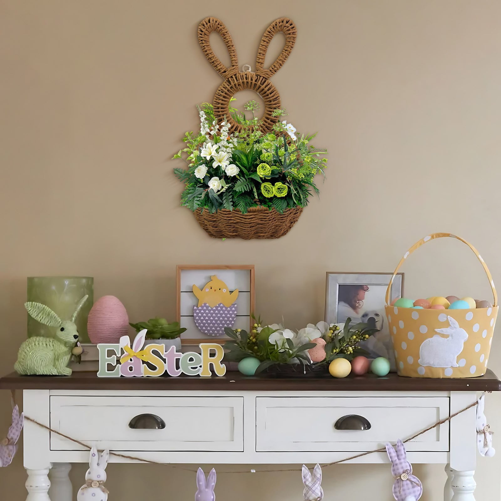 Darzheoy Bunny Basket Hanging Wall Pocket Spring Decor, Hand Woven Wicker Easter Basket, Wicker Easter Baskets Rabbit Statue Spring Wreath for Front Door Brown - Image 4