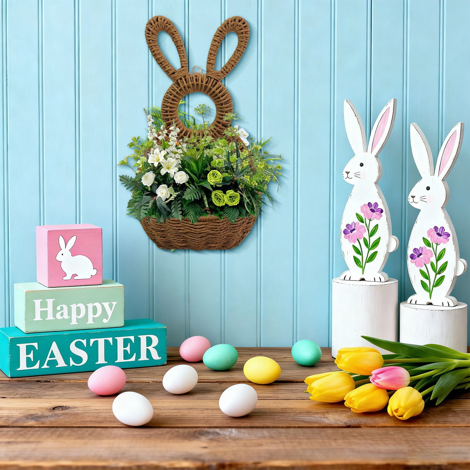 Darzheoy Bunny Basket Hanging Wall Pocket Spring Decor, Hand Woven Wicker Easter Basket, Wicker Easter Baskets Rabbit Statue Spring Wreath for Front Door Brown - Image 5
