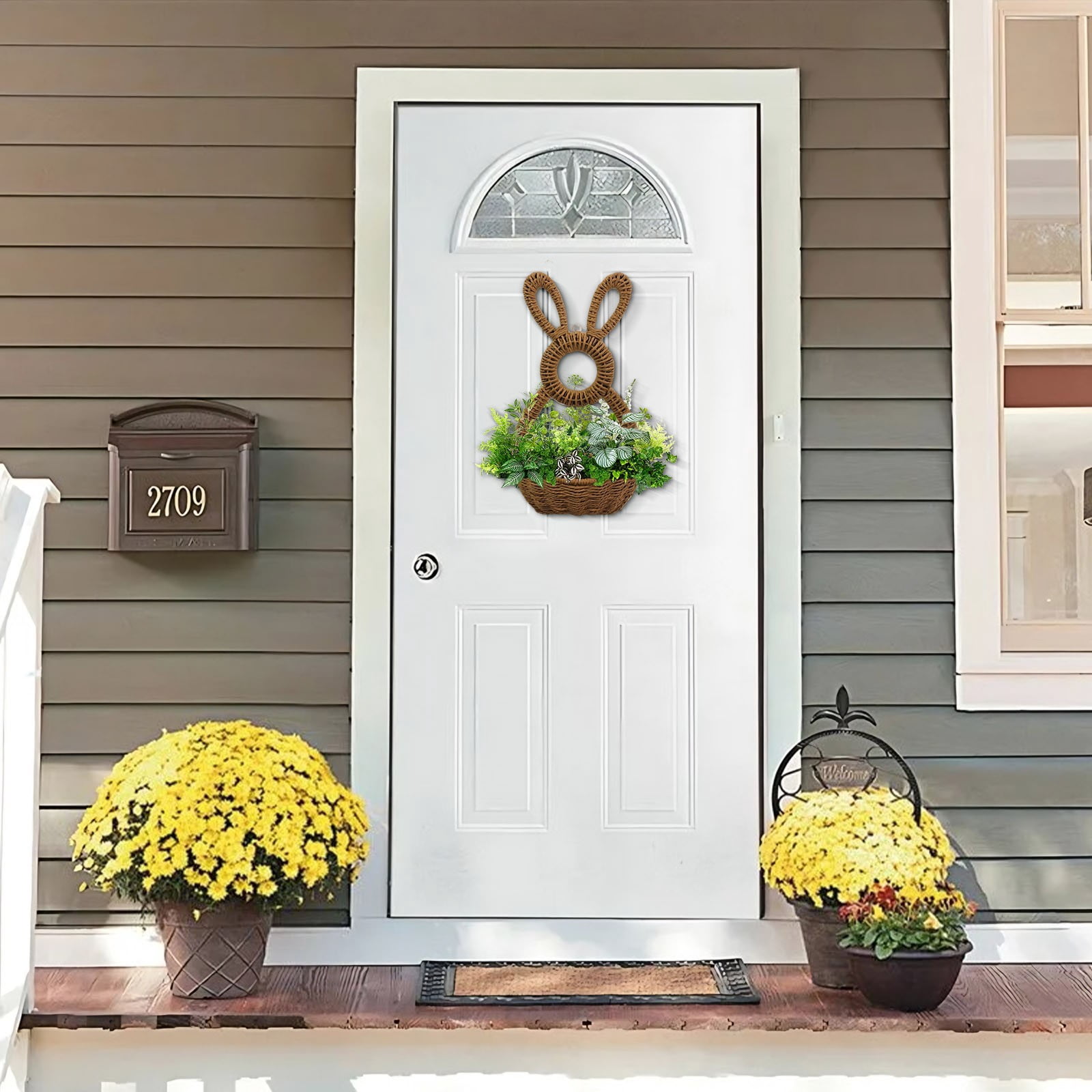 Darzheoy Bunny Basket Hanging Wall Pocket Spring Decor, Hand Woven Wicker Easter Basket, Wicker Easter Baskets Rabbit Statue Spring Wreath for Front Door Brown - Image 6