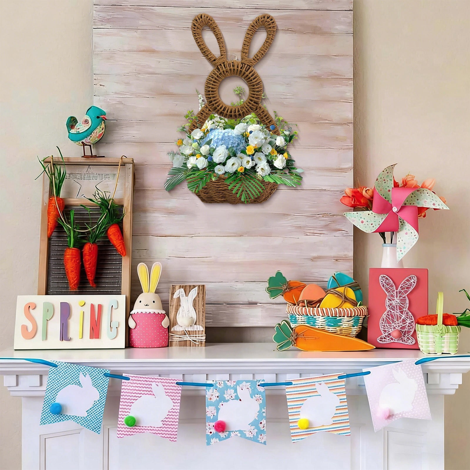 Darzheoy Bunny Basket Hanging Wall Pocket Spring Decor, Hand Woven Wicker Easter Basket, Wicker Easter Baskets Rabbit Statue Spring Wreath for Front Door Brown - Image 7