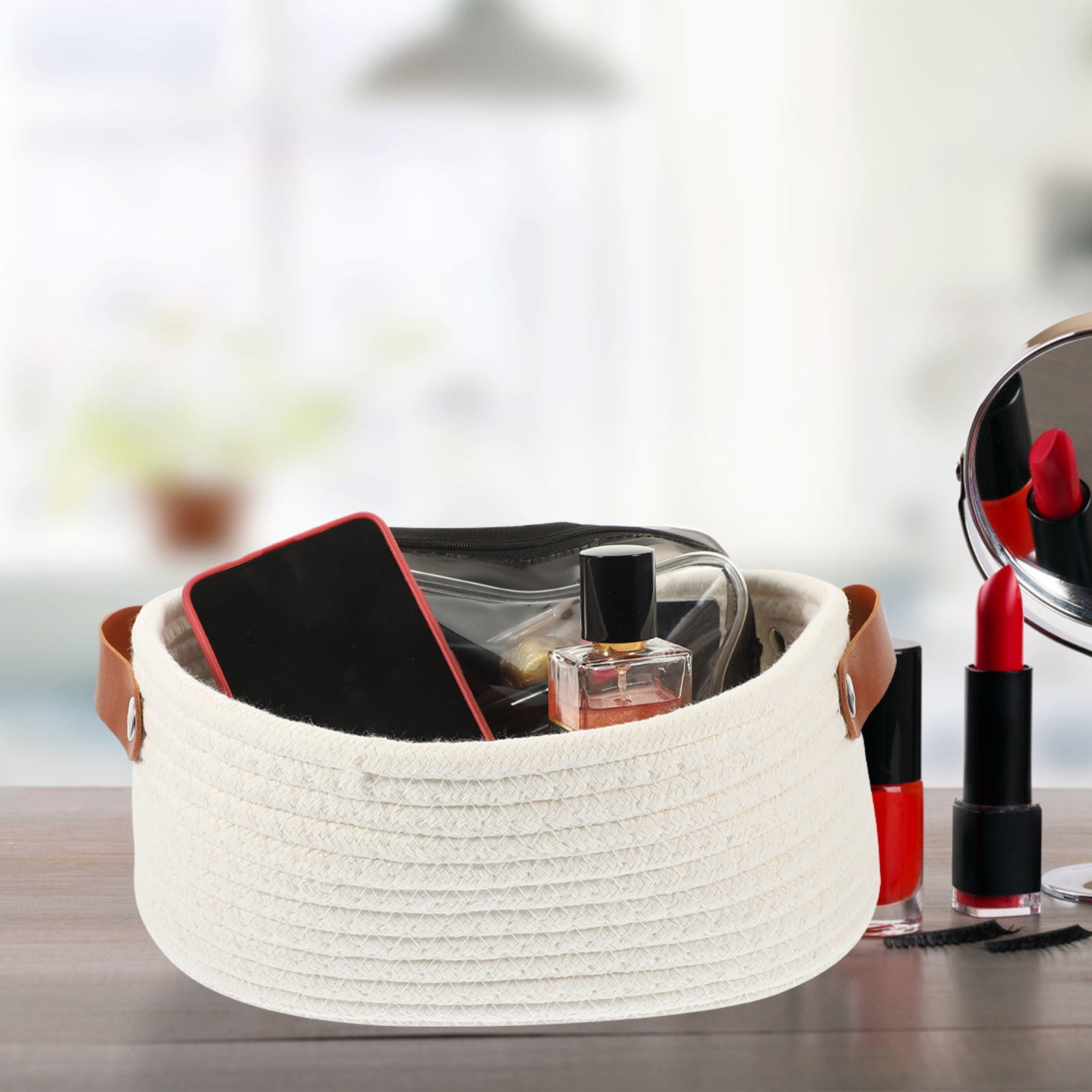 HOOWIFFY White Woven Storage Basket with Handle for Everyday Home Organization and Storage Solutions - Image 4
