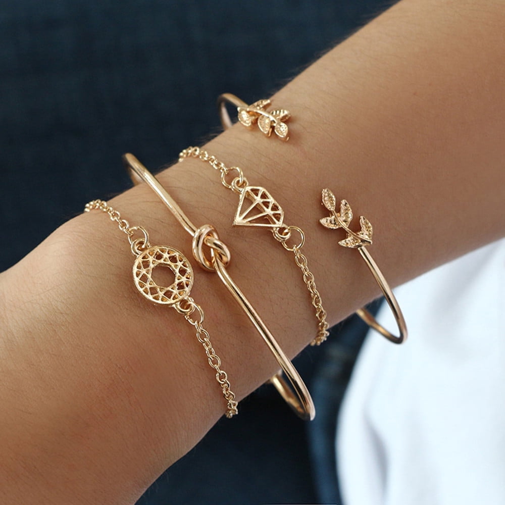Chmadoxn 4Pcs Dainty Gold Bracelet Set for Women Cuff Open Wire Bangle Wrap Boho Crystal Rhinestones Bangles Layered Bracelets for teen Girls for Valnetine's Day Gift Jewelry for Teen Girls One Size Gold - Image 1