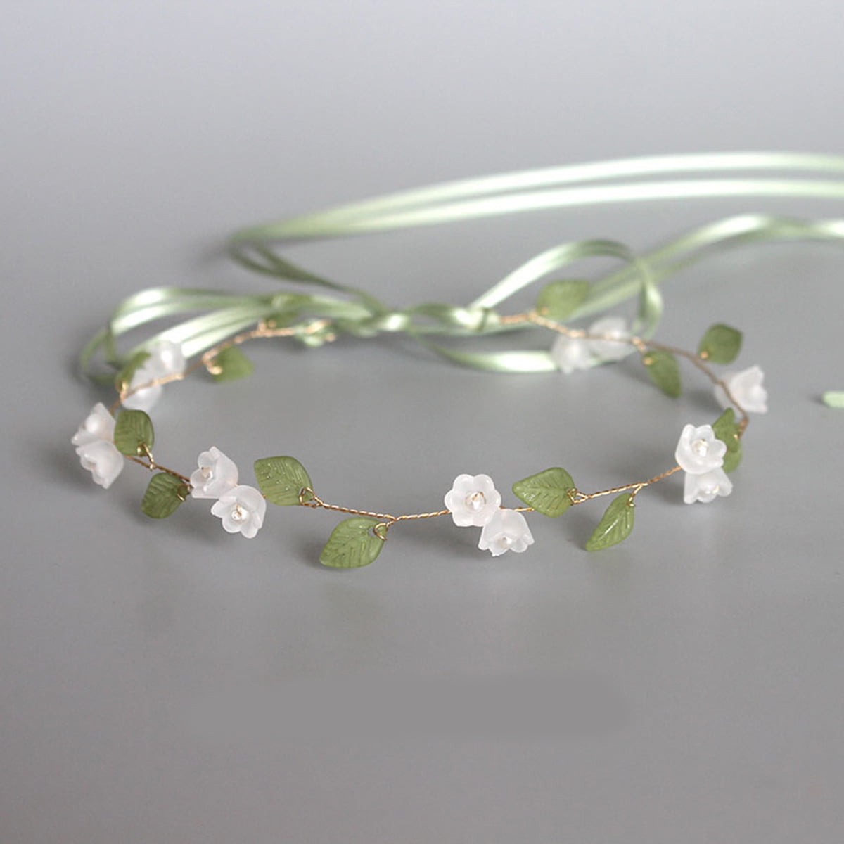 HOOWIFFY Lily of The Valley Floral Headband Golden Ribbon Design for Brides and Teens - Image 1