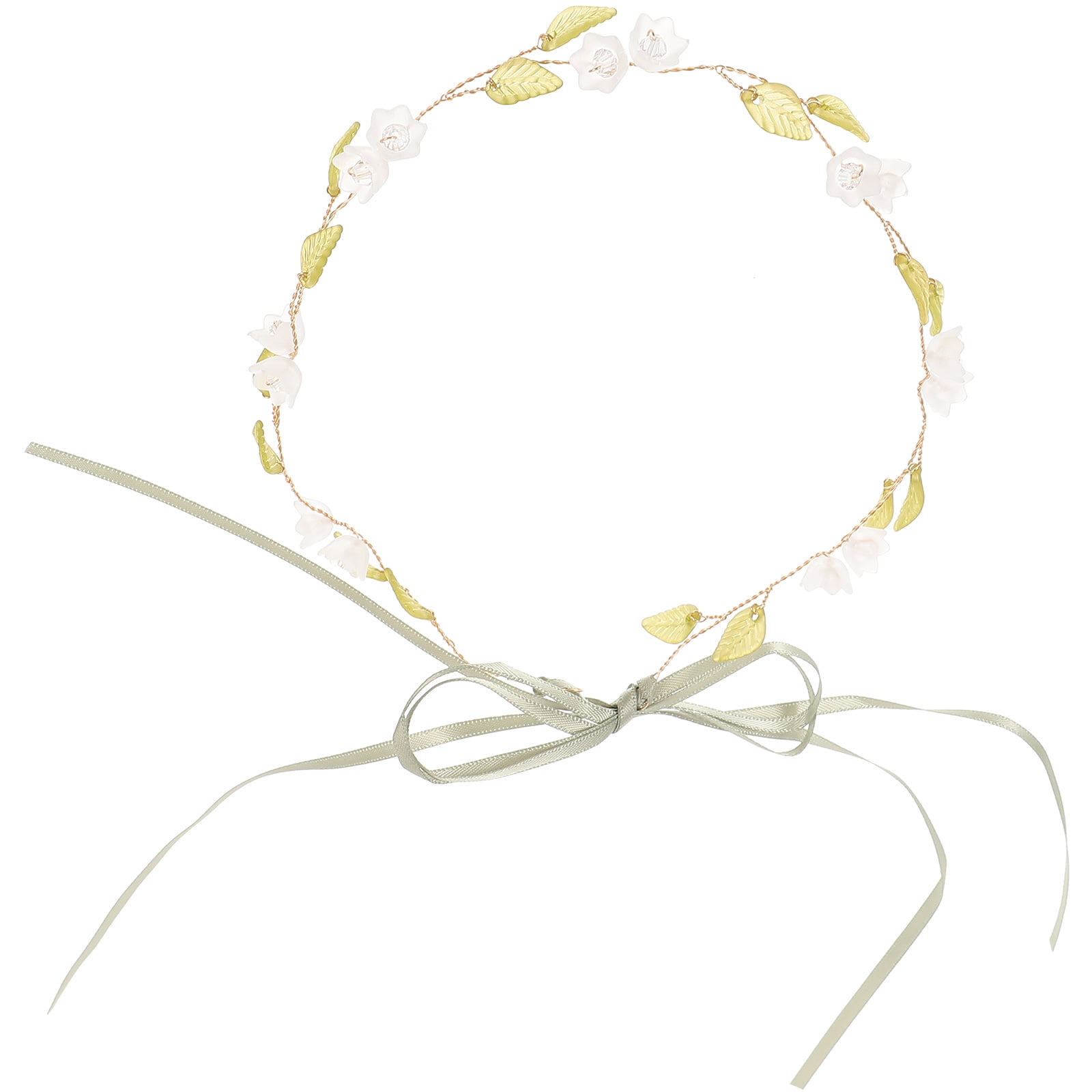 HOOWIFFY Lily of The Valley Floral Headband Golden Ribbon Design for Brides and Teens - Image 3