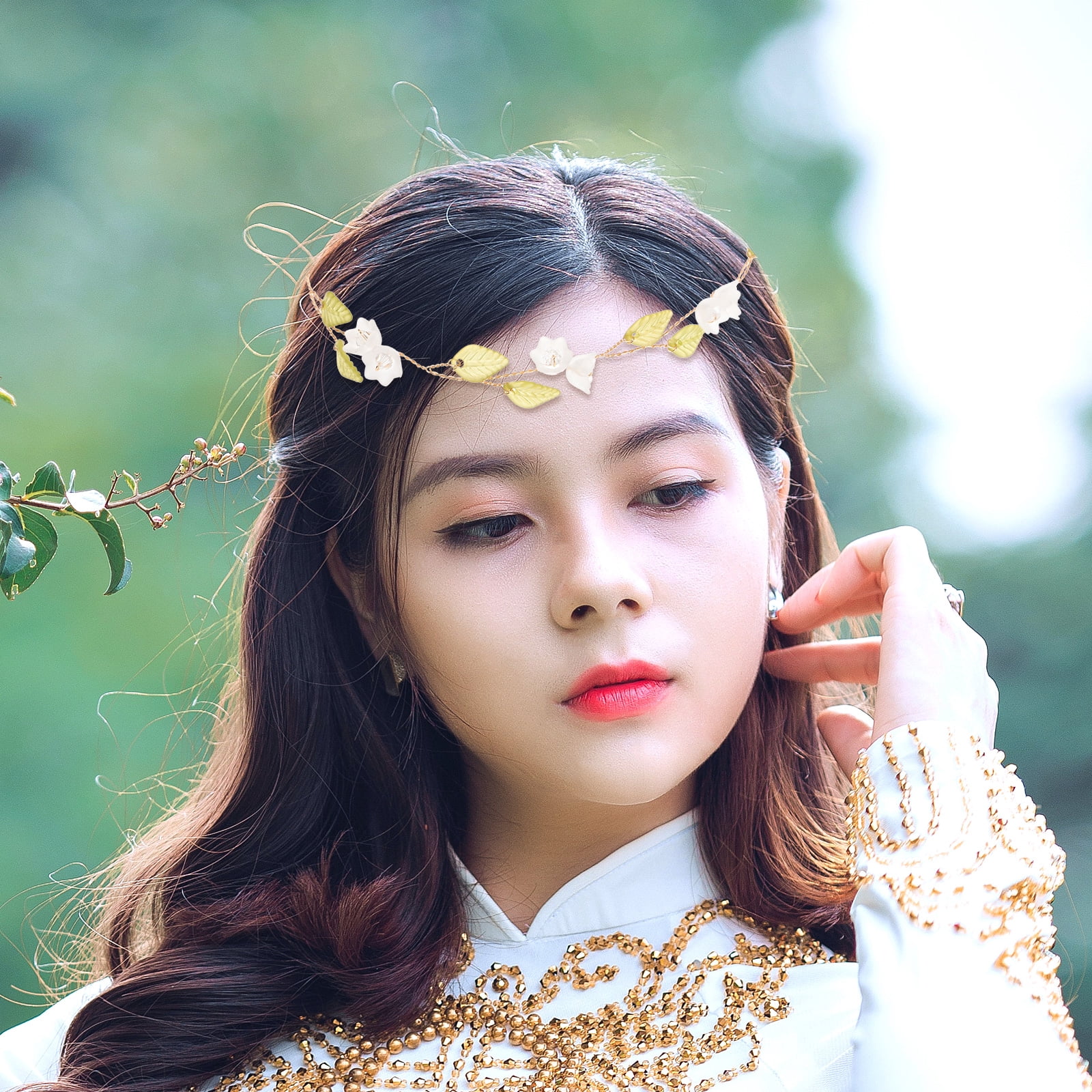 HOOWIFFY Lily of The Valley Floral Headband Golden Ribbon Design for Brides and Teens - Image 5
