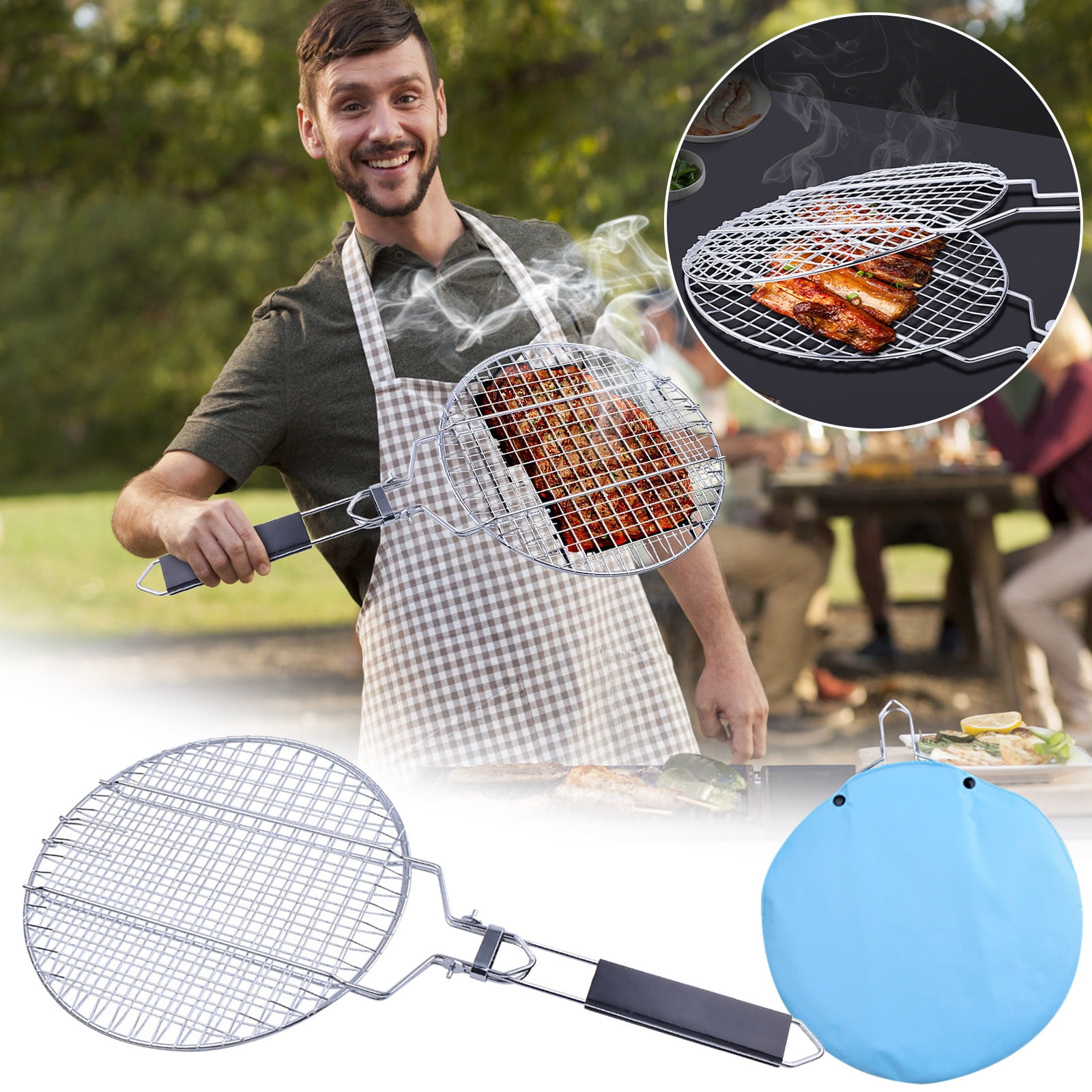 Chmadoxn Extra Large Cooking Surface Grill Clip for Barbecue, Large Foldable Portable Long Handle Wooden Barbecue Camping Outdoor (21.7×11 inch) As Show B - Image 2