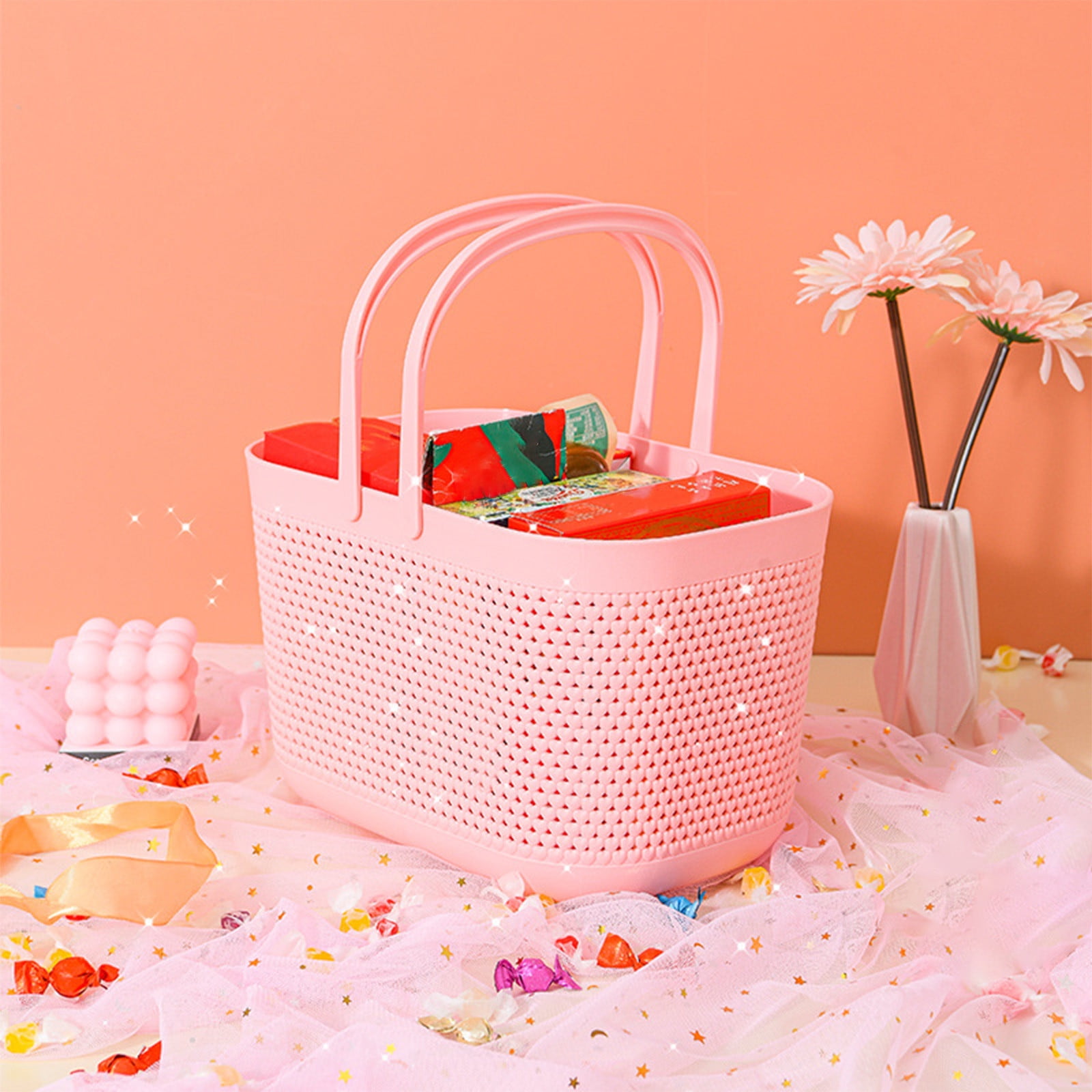 Chmadoxn Portable Shower Tote Plastic Storage Basket with Handle Box Organizer Bin for Bathroom, Pantry, Kitchen, College Dorm (11.22×7.09×7.09 inch) 11.22