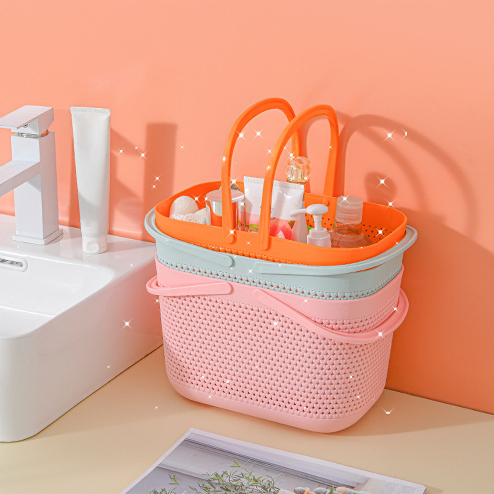 Chmadoxn Portable Shower Tote Plastic Storage Basket with Handle Box Organizer Bin for Bathroom, Pantry, Kitchen, College Dorm (11.22×7.09×7.09 inch) 11.22