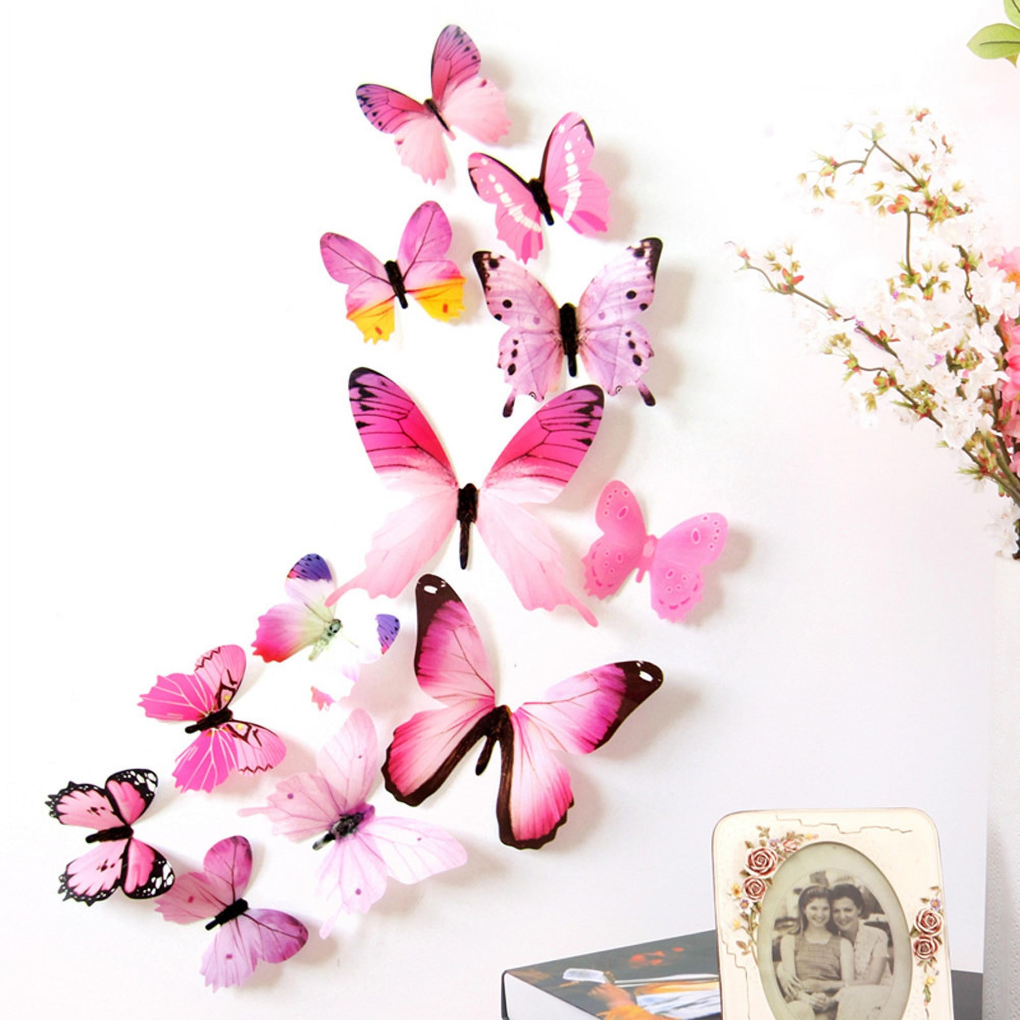 Darzheoy 12Pcs Butterfly Wall Decals, 3D Butterfly Wall Stickers Removable DIY Home Decorations Art Decor Wall Stickers Murals for Kids Bedroom Living Room Classroom Office Pink - Image 1