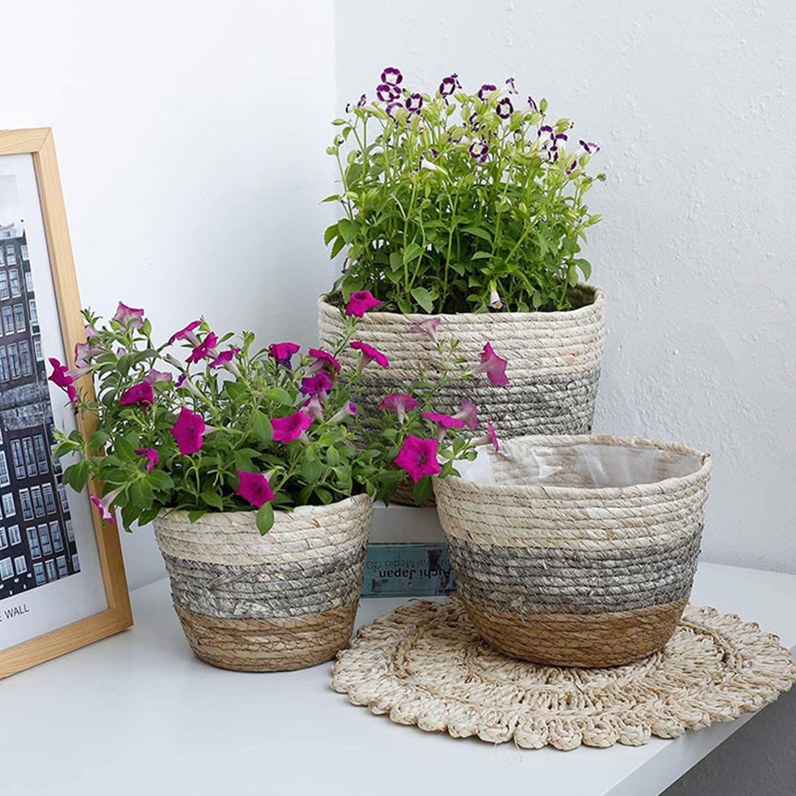 Darzheoy Woven Seagrass Plant Basket, Flower Pots Home Boho Decor, Storage Picnic Grocery Straw Bag for Plant Artificial Tree - 5.5