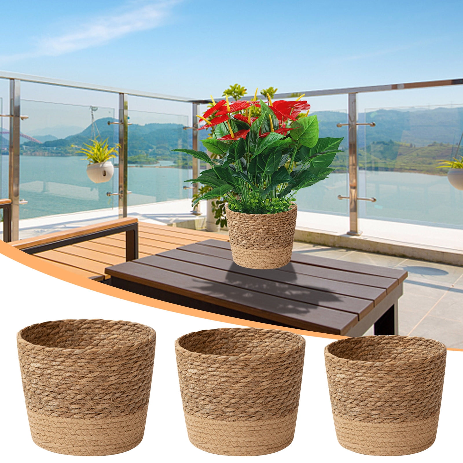 Darzheoy Woven Seagrass Plant Basket, Flower Pots Home Boho Decor, Storage Picnic Grocery Straw Bag for Plant Artificial Tree - 5.5