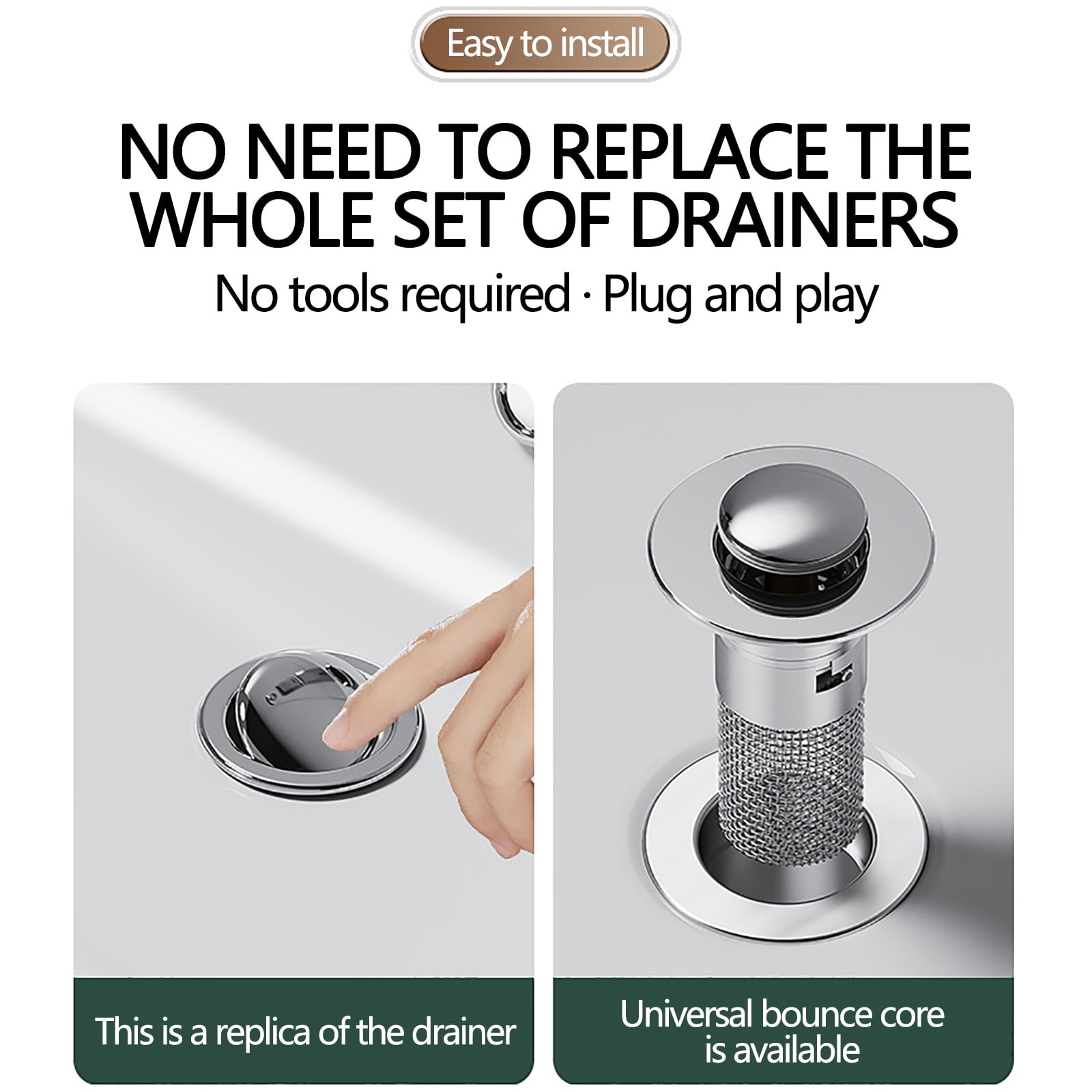 Chmadoxn Universal Bathroom Sink Stopper, Basin Sink Drain Strainer, Bathroom Sink Plug with Stainless Steel Hair Catcher on 2 pc A - Image 7