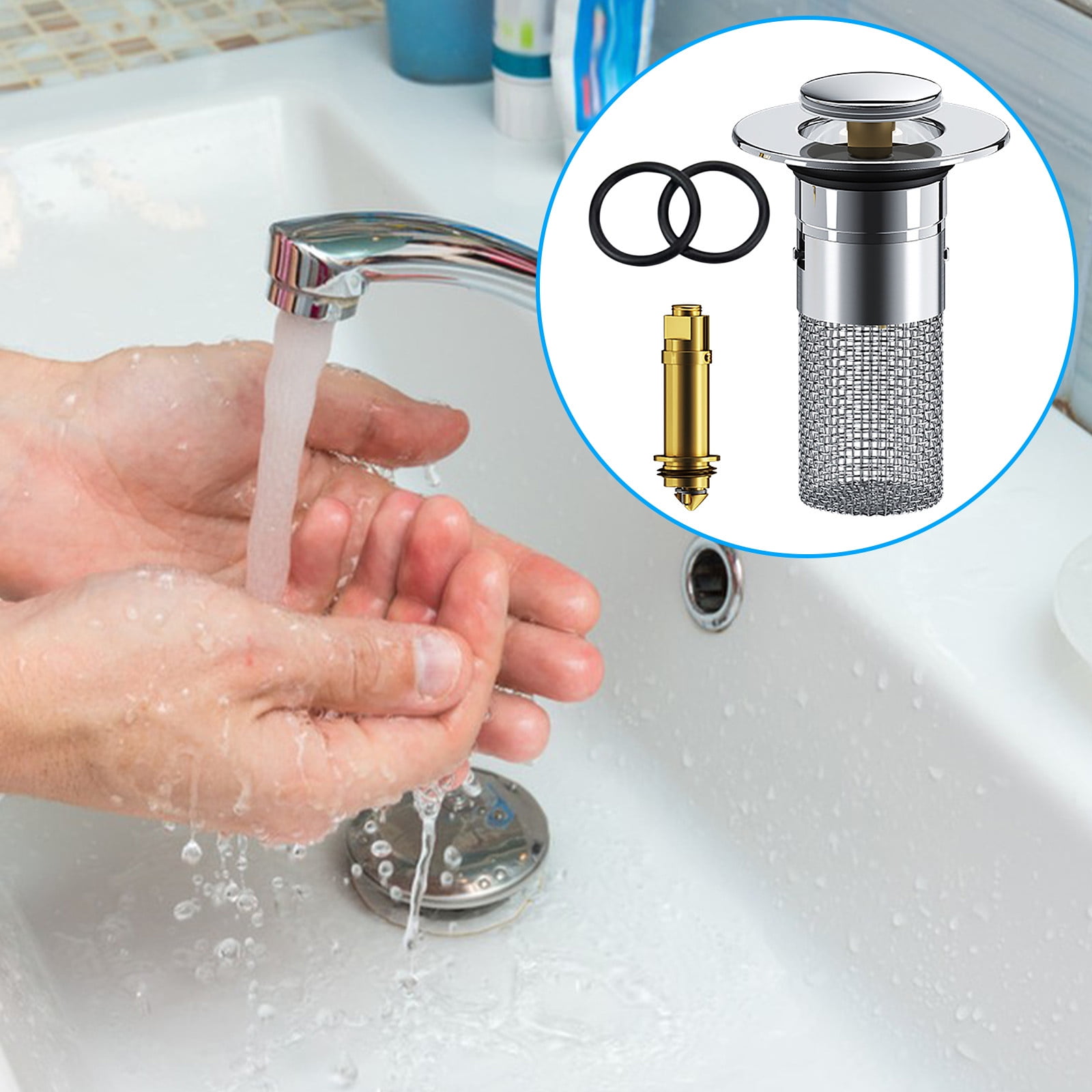 Chmadoxn Universal Bathroom Sink Stopper, Basin Sink Drain Strainer, Bathroom Sink Plug with Stainless Steel Hair Catcher on 1 pc B - Image 2