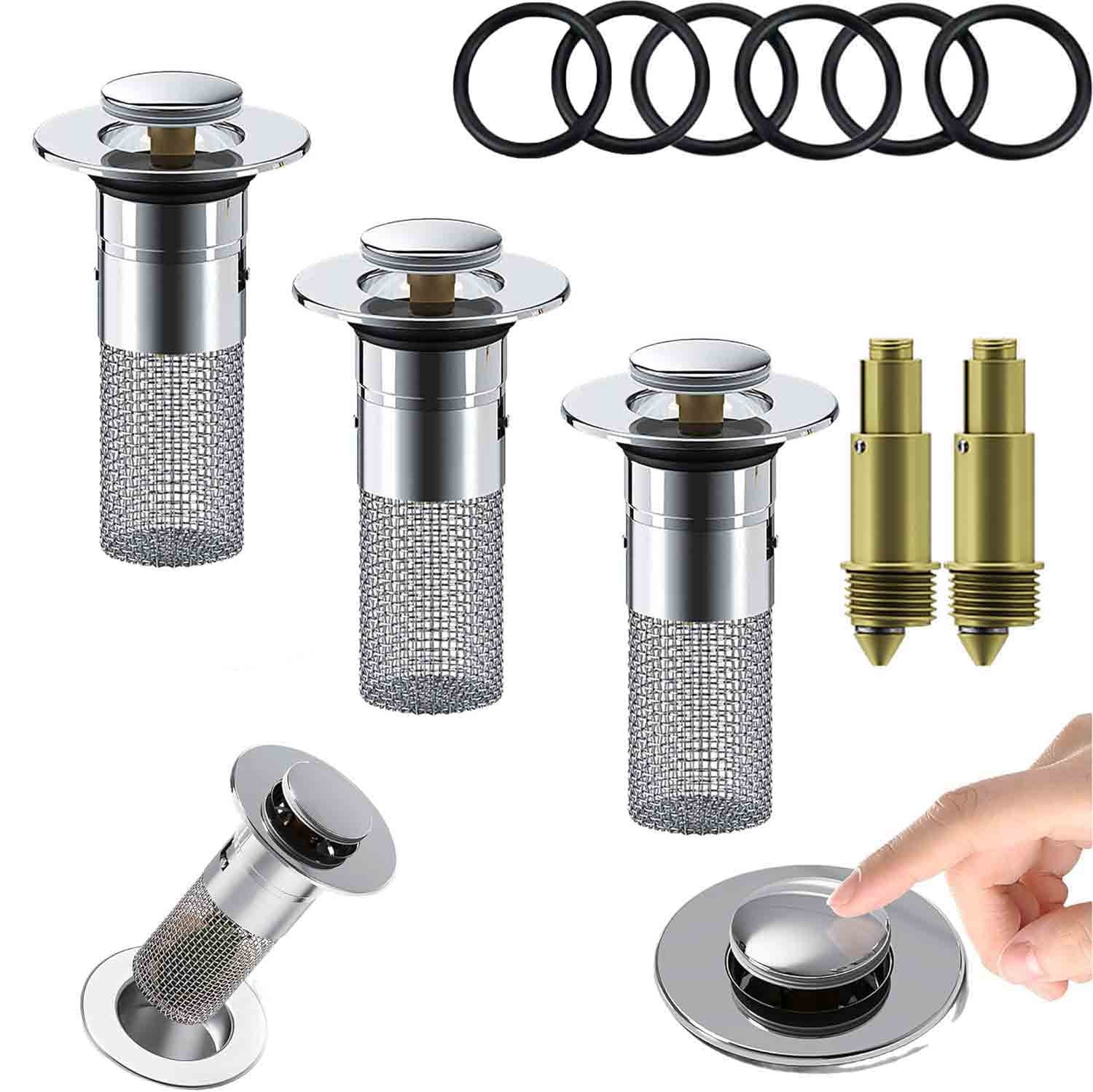Chmadoxn Universal Bathroom Sink Stopper, Basin Sink Drain Strainer, Bathroom Sink Plug with Stainless Steel Hair Catcher on 3 pc Silver - Image 1