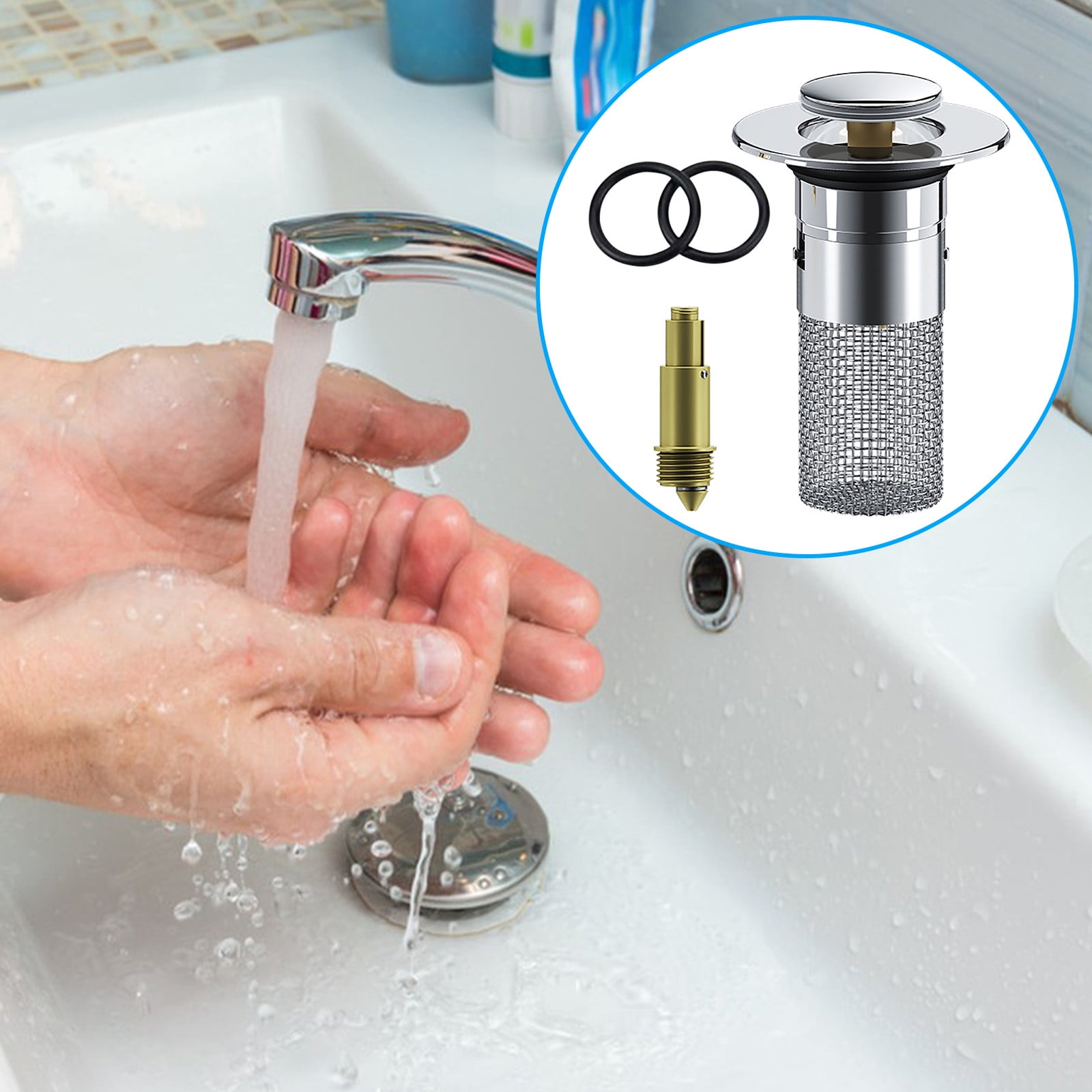 Chmadoxn Universal Bathroom Sink Stopper, Basin Sink Drain Strainer, Bathroom Sink Plug with Stainless Steel Hair Catcher on 3 pc Silver - Image 3