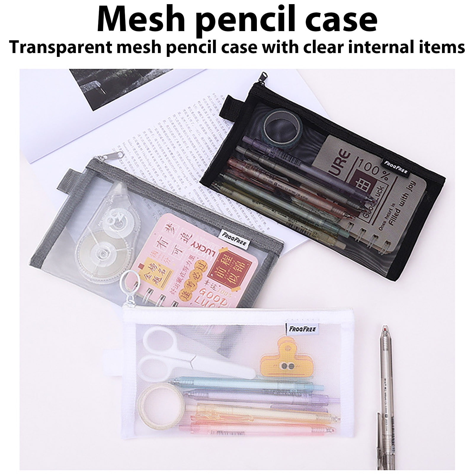 Kdkad Transparent Mesh Pencil Case, Pencil Pouch, Clear Makeup Bags, Nylon Mesh Pen Pouch with Zipper Pencil Case Stationery Storage Bag for Home Office Supplies Cosmetics Travel Accessories 8.3×4.7 in White - Image 5