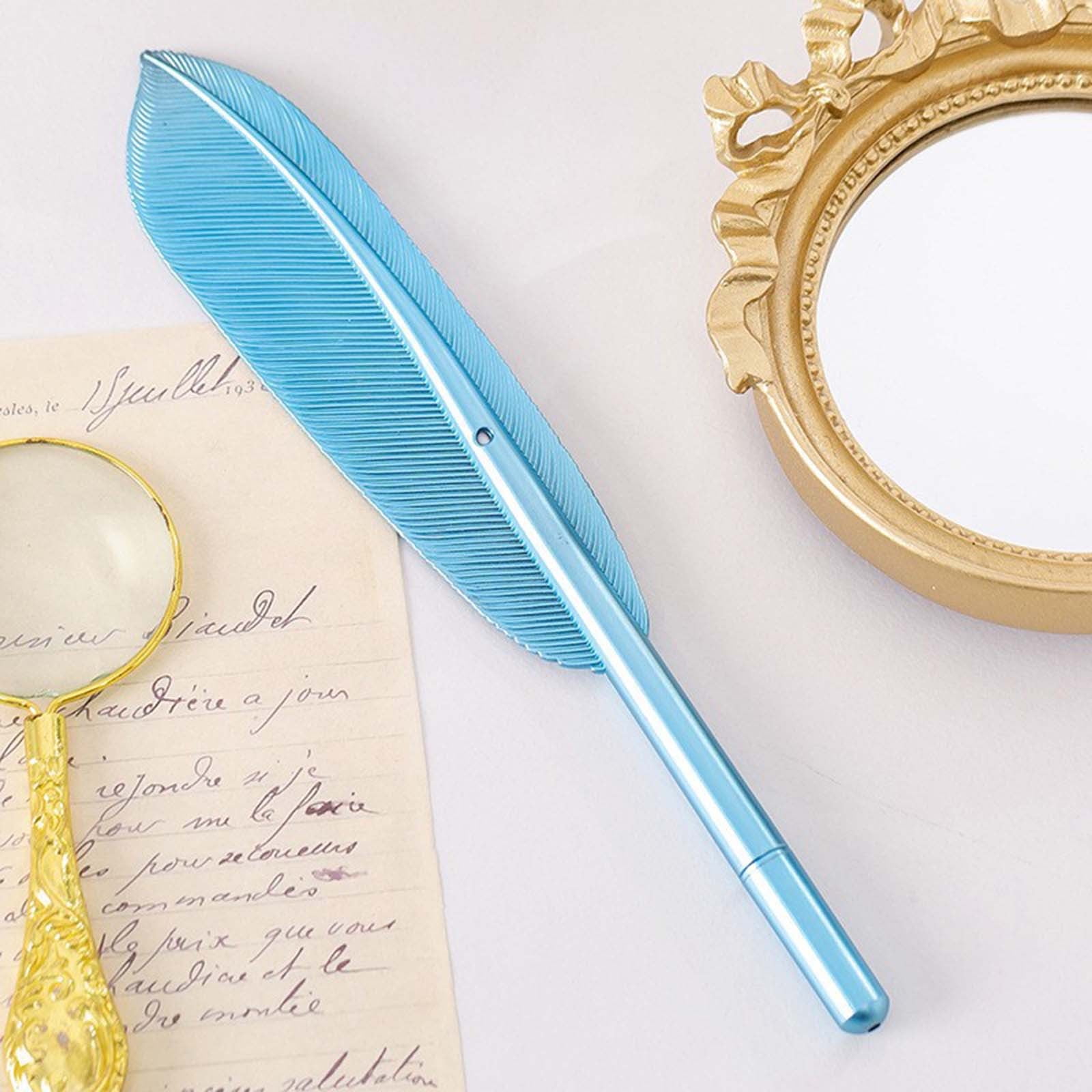 Darzheoy Feather Ballpoint Pens Black Ink Natural Feather Quill Ballpoint Pen for Office, Retro Quill Writing Wedding Sign Pen Blue - Image 2