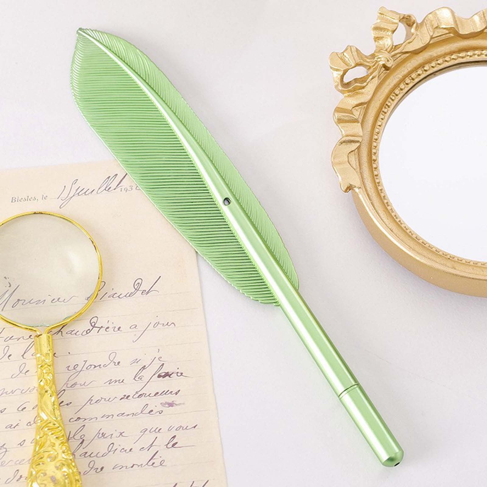 Darzheoy Feather Ballpoint Pens Black Ink Natural Feather Quill Ballpoint Pen for Office, Retro Quill Writing Wedding Sign Pen Green - Image 2