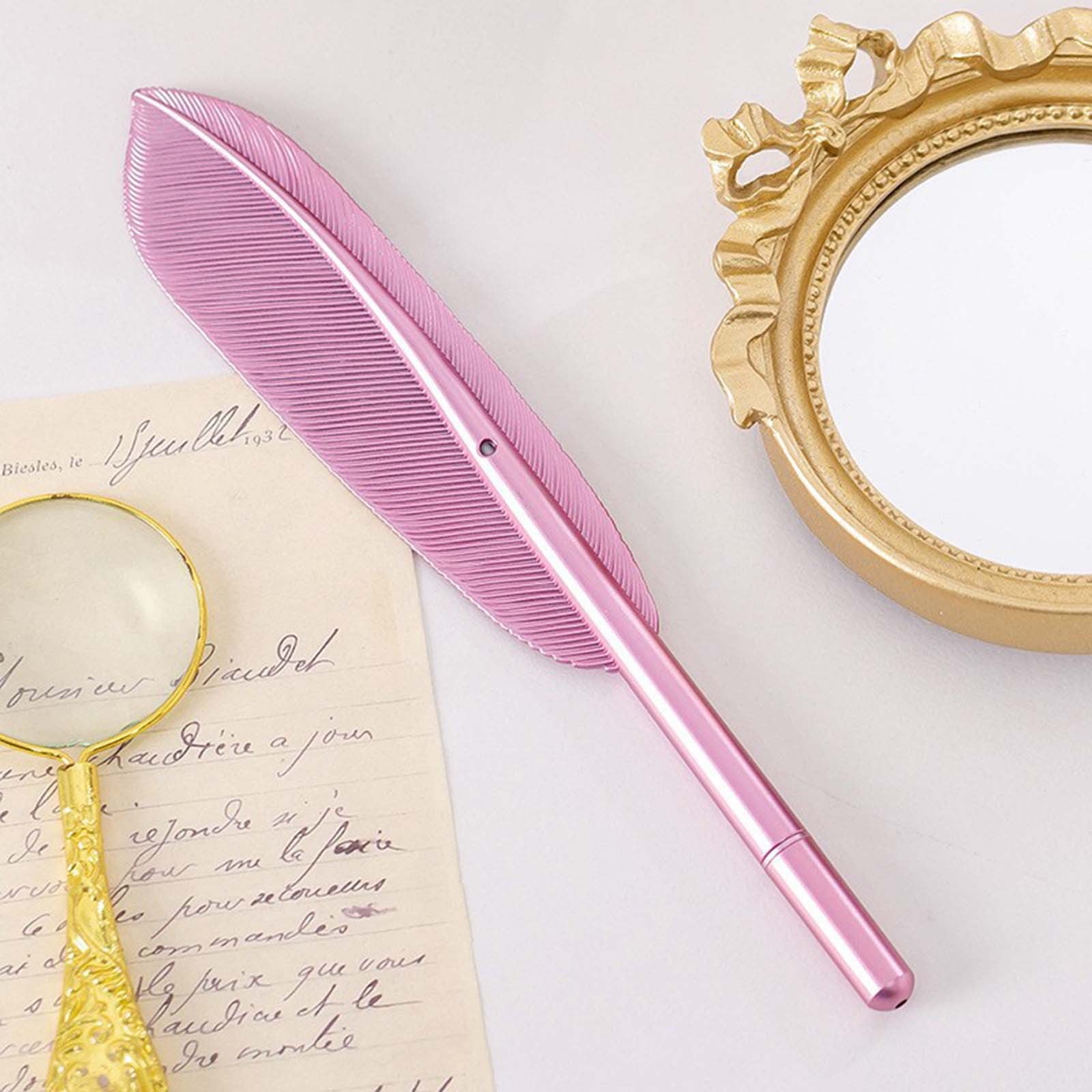 Darzheoy Feather Ballpoint Pens Black Ink Natural Feather Quill Ballpoint Pen for Office, Retro Quill Writing Wedding Sign Pen Pink - Image 2