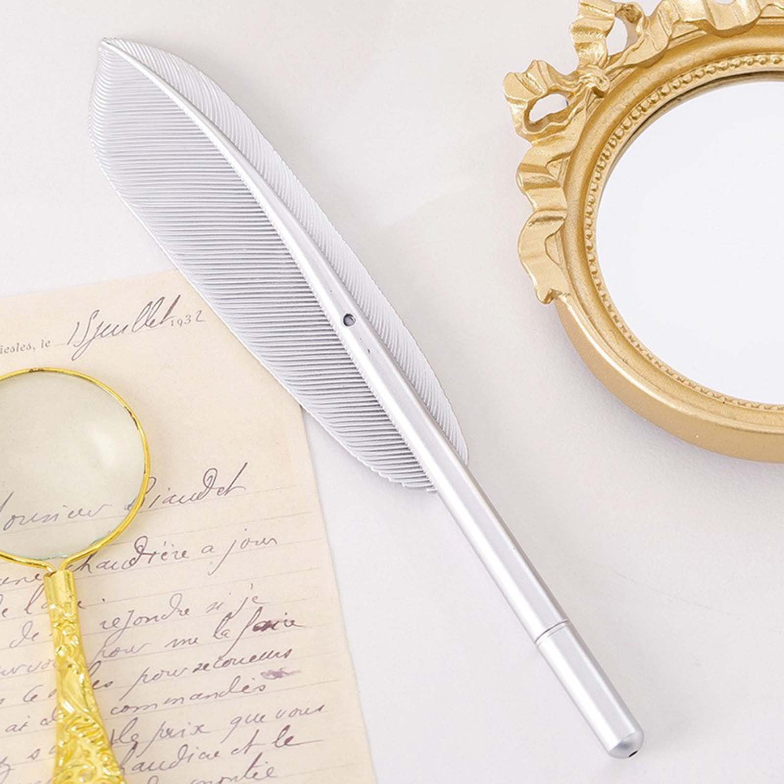 Darzheoy Feather Ballpoint Pens Black Ink Natural Feather Quill Ballpoint Pen for Office, Retro Quill Writing Wedding Sign Pen Silver - Image 2