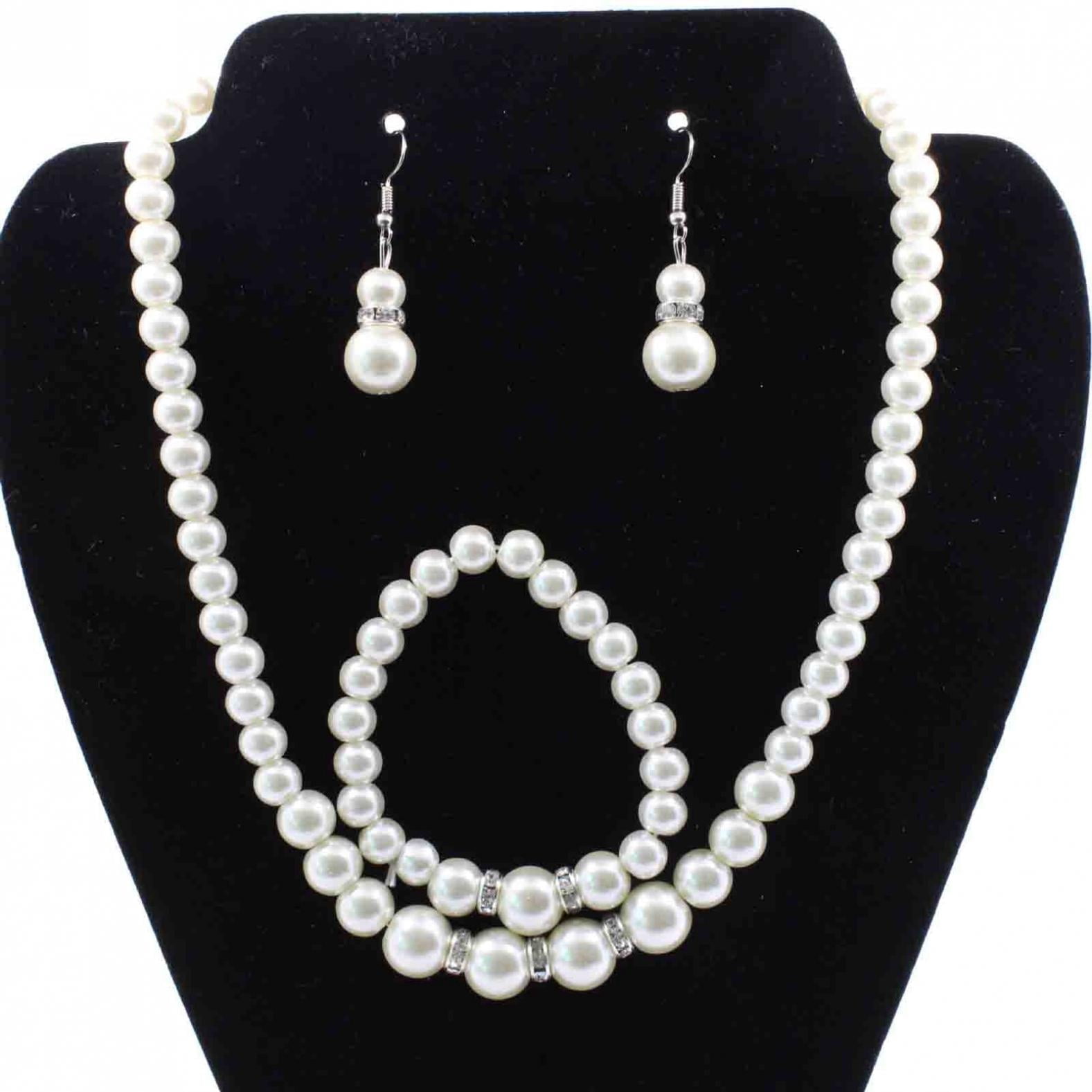 Bouanq Pearl Necklace and Earring Set Simulated Shell Pearls Round White Silver Pearl Stud Earrings Bracelets Wedding Jewelry Sets for Bride Bridesmaid Women Necklaces for Women Multicolor - Image 1