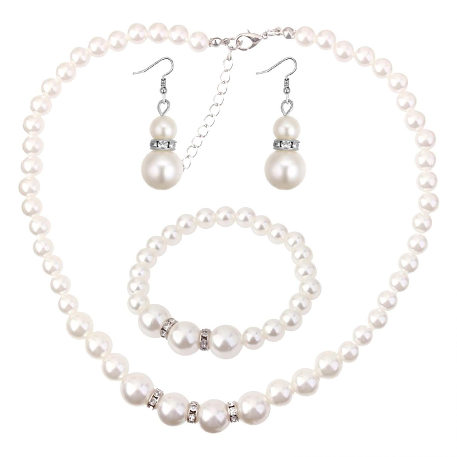 Bouanq Pearl Necklace and Earring Set Simulated Shell Pearls Round White Silver Pearl Stud Earrings Bracelets Wedding Jewelry Sets for Bride Bridesmaid Women Necklaces for Women Multicolor - Image 3