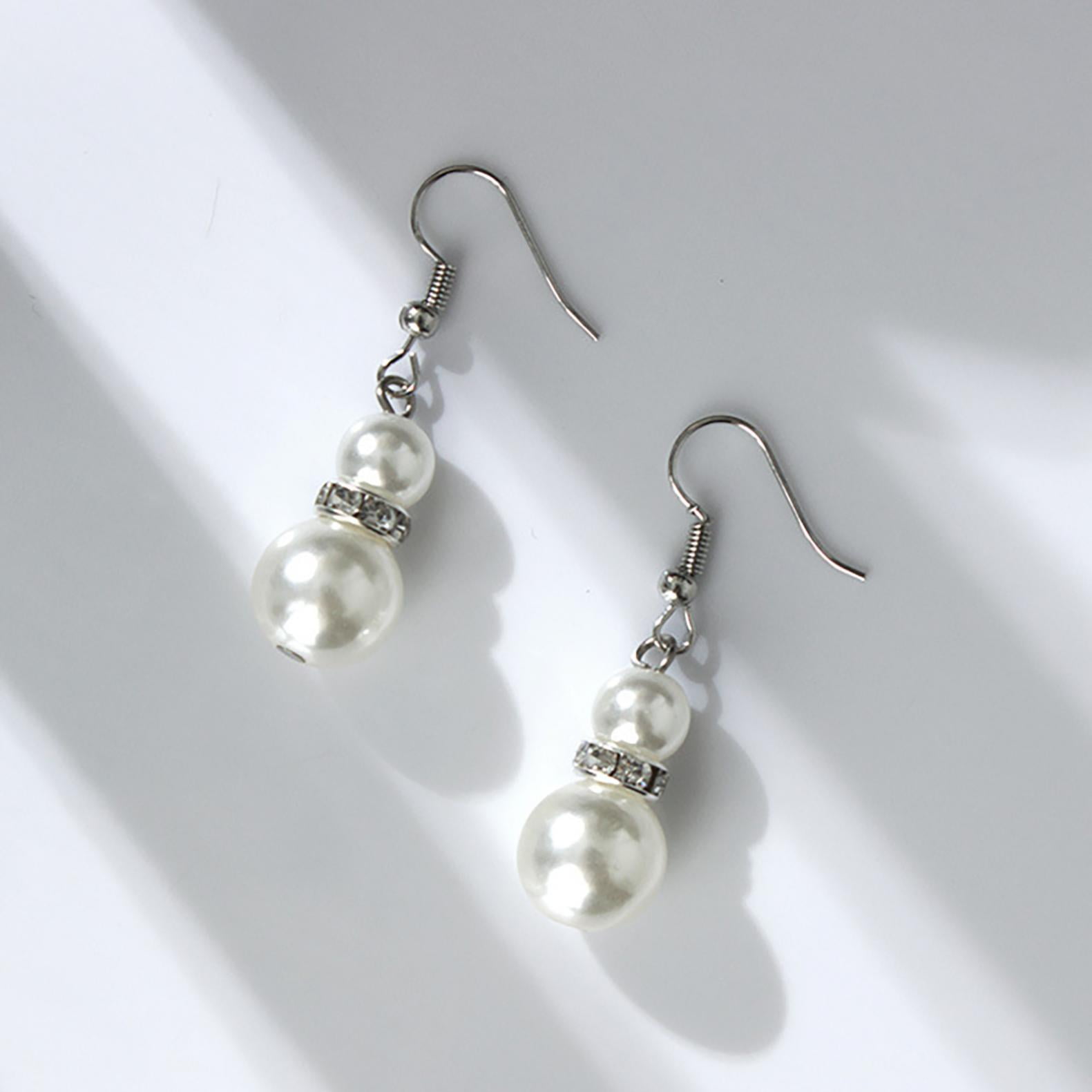 Bouanq Pearl Necklace and Earring Set Simulated Shell Pearls Round White Silver Pearl Stud Earrings Bracelets Wedding Jewelry Sets for Bride Bridesmaid Women Necklaces for Women Multicolor - Image 5