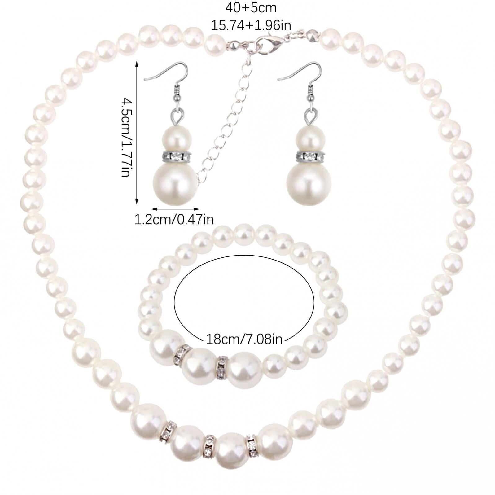 Bouanq Pearl Necklace and Earring Set Simulated Shell Pearls Round White Silver Pearl Stud Earrings Bracelets Wedding Jewelry Sets for Bride Bridesmaid Women Necklaces for Women Multicolor - Image 6