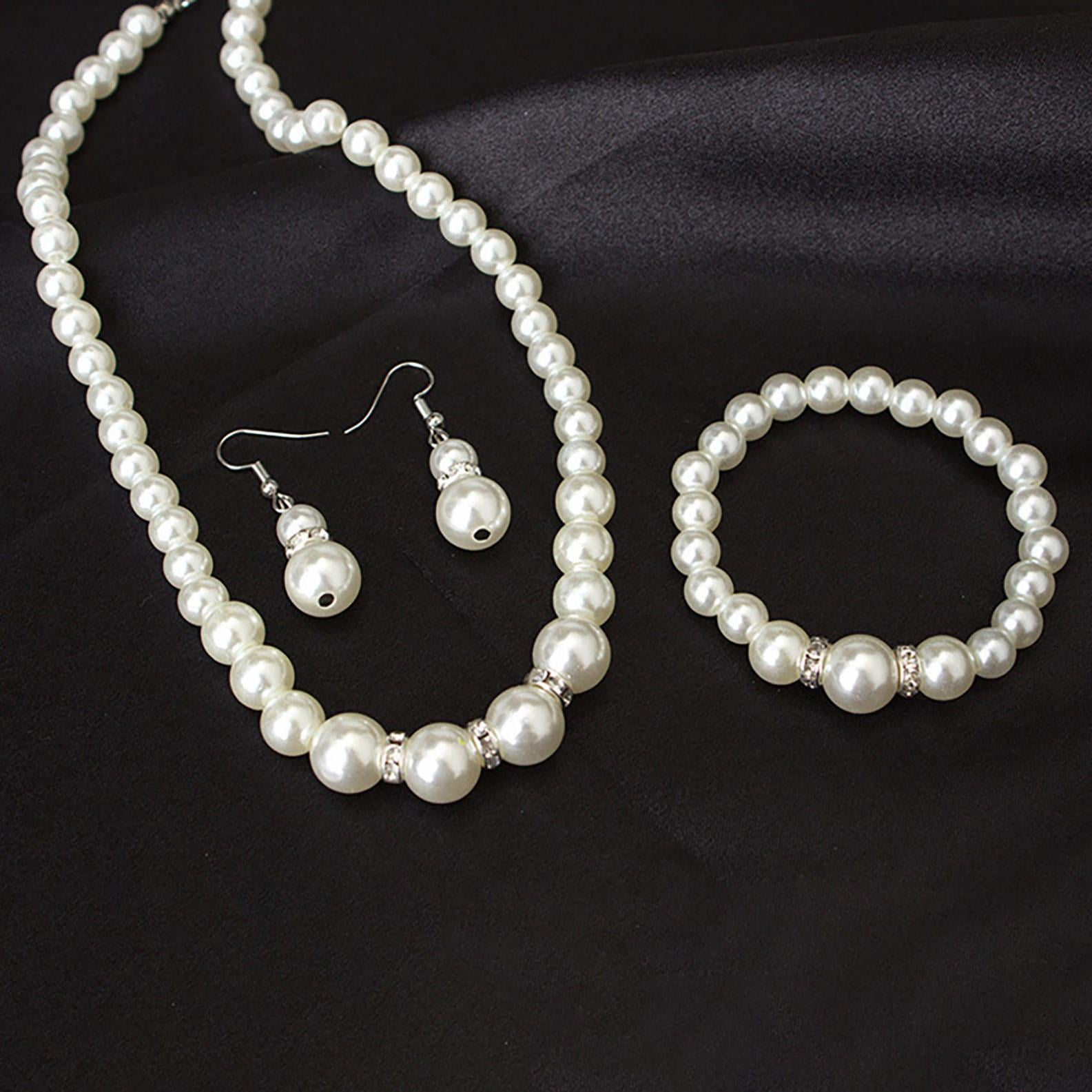 Bouanq Pearl Necklace and Earring Set Simulated Shell Pearls Round White Silver Pearl Stud Earrings Bracelets Wedding Jewelry Sets for Bride Bridesmaid Women Necklaces for Women Multicolor - Image 7