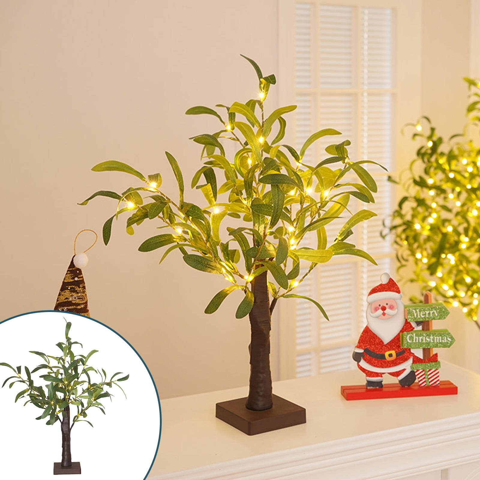 Chmadoxn Green Leaf Birch Tree with LED Lights, Artificial Tree Lamp, DIY Birch Tree with LED Lights, Lighted up Tree Lamp Battery Powered, Light Spirit Tree for Table Home Wedding Bedroom Christmas As Show D - Image 1