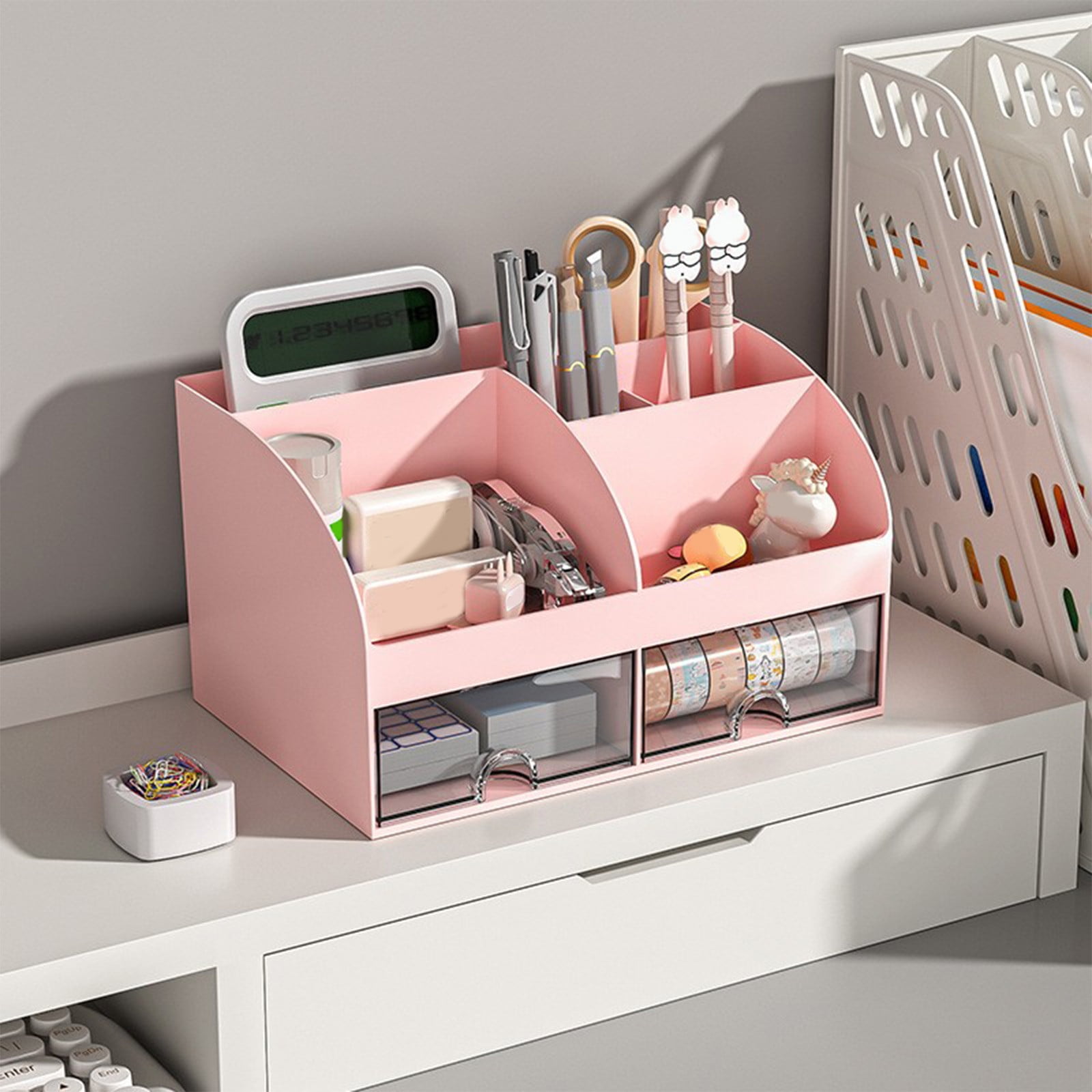 Kdkad Desk Organizer with Drawers, 2 Drawer Desktop Plastic Storage, Rectangular Office Stationery Supplies Desktop Drawers, Clear Desktop Storage Drawers for Office Supplies, Makeup Organizers 5.6×4.7×8.3 in Pink - Image 4