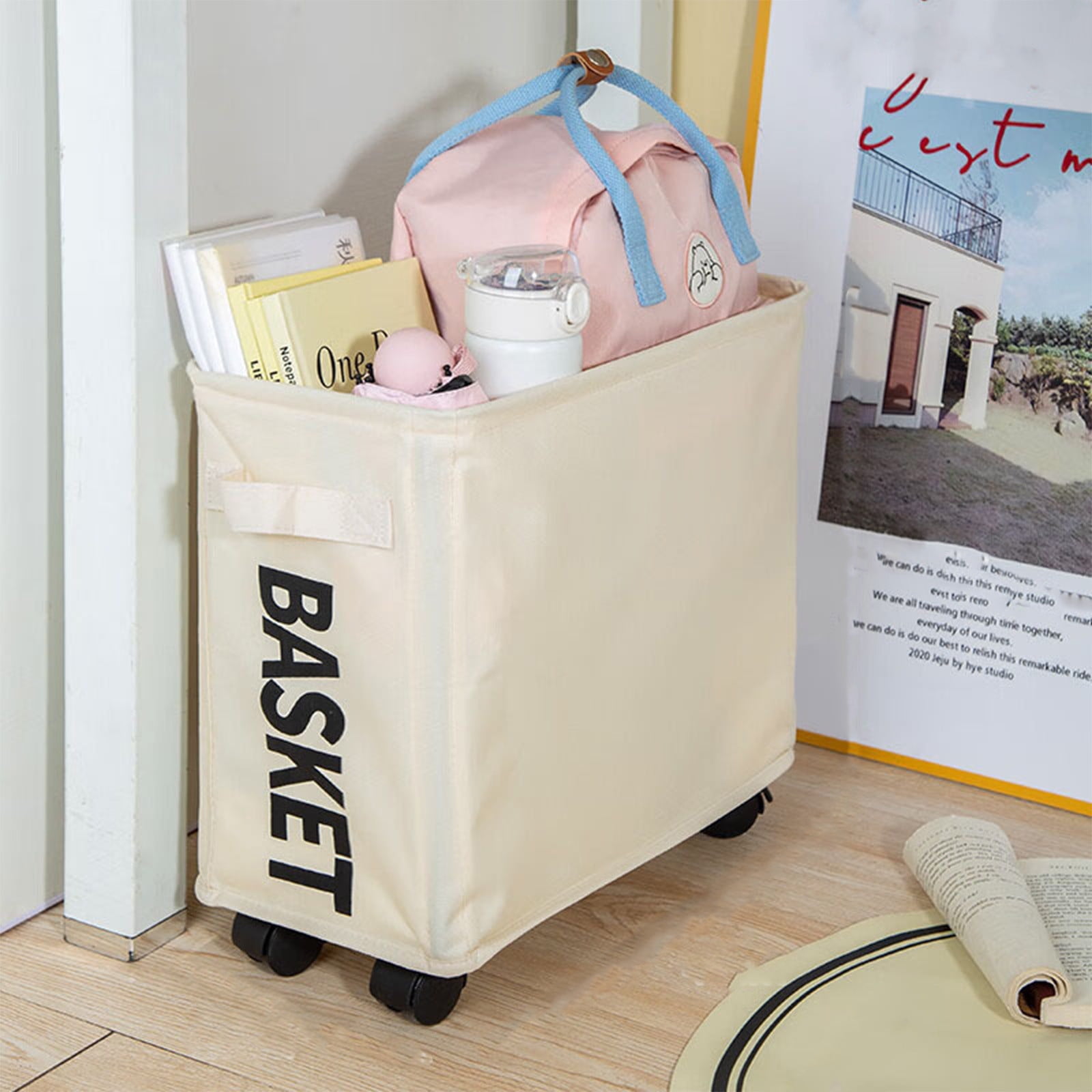 Darzheoy Laundry Baskets with Wheels and Handle, Collapsible Laundry Baskets, Clothes Laundry Basket with Removable Wash Bags for College Dorm, Rolling Laundry Hamper Beige - Image 2