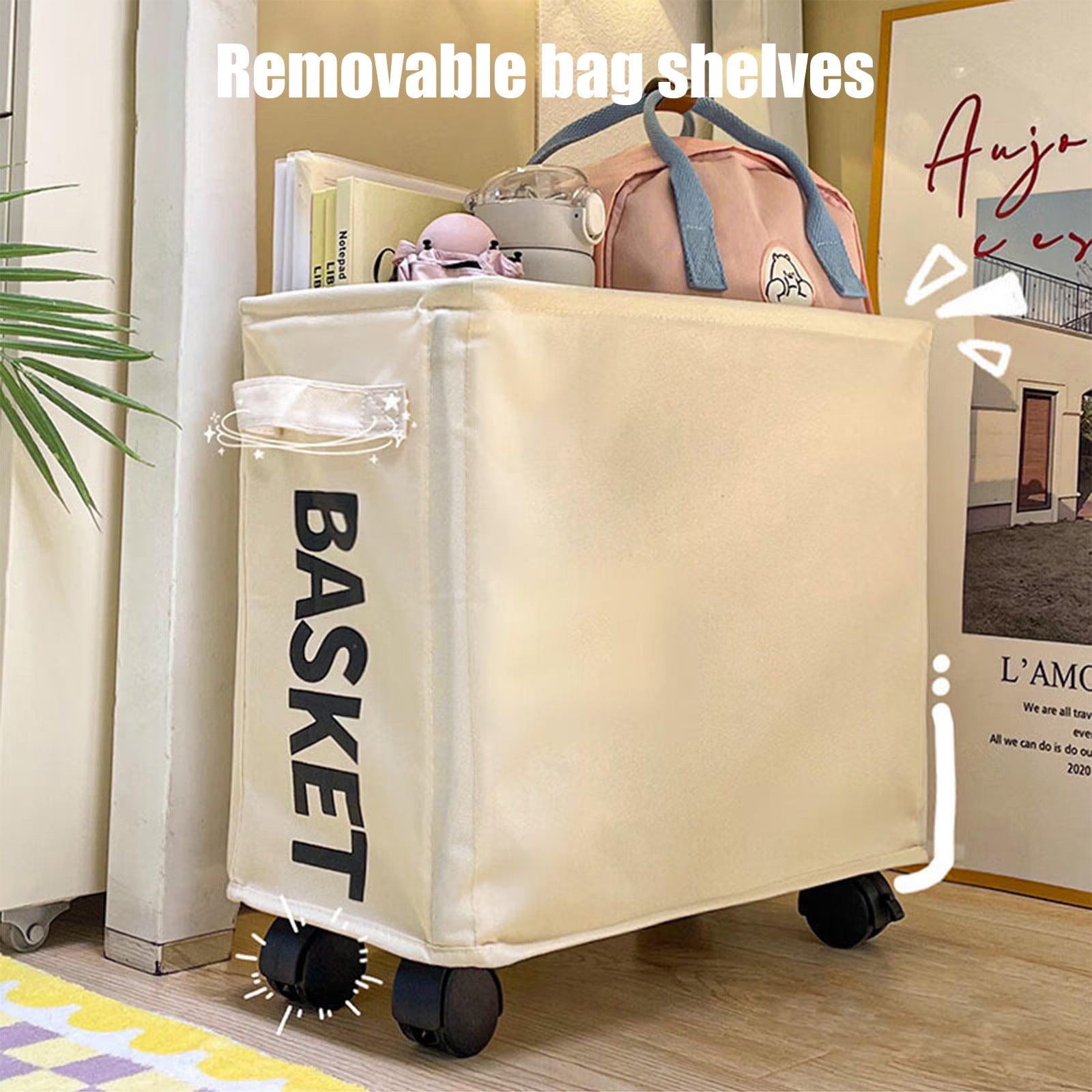 Darzheoy Laundry Baskets with Wheels and Handle, Collapsible Laundry Baskets, Clothes Laundry Basket with Removable Wash Bags for College Dorm, Rolling Laundry Hamper Beige - Image 4