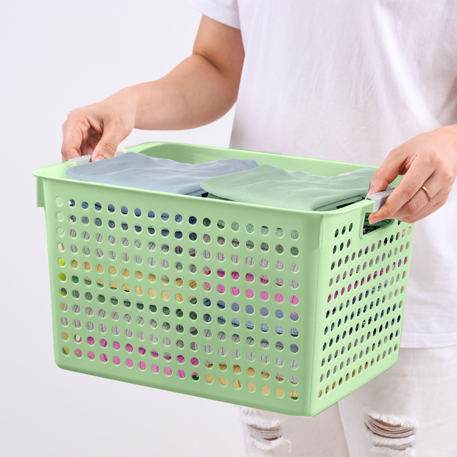 Darzheoy Laundry Basket, 2 pcs Plastic Hamper with Handles, Open Storage Bin to Organize Closets, Cabinets, Pantry, Shelving and Countertop Space, Suitable for Families and Dorms 1PC-Green - Image 2
