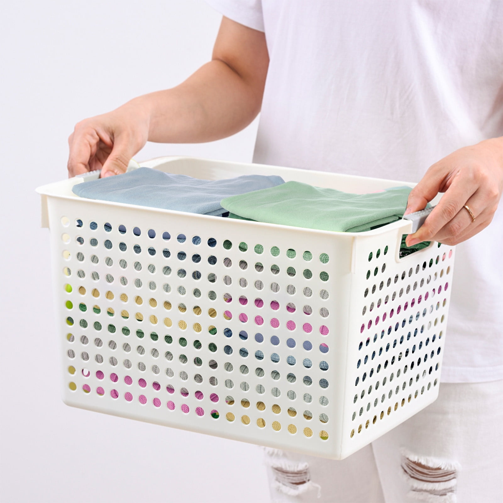 Darzheoy Laundry Basket, 2 pcs Plastic Hamper with Handles, Open Storage Bin to Organize Closets, Cabinets, Pantry, Shelving and Countertop Space, Suitable for Families and Dorms 1PC-White - Image 2