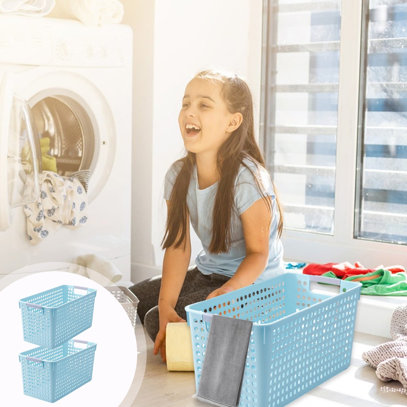 Darzheoy Laundry Basket, 2 pcs Plastic Hamper with Handles, Open Storage Bin to Organize Closets, Cabinets, Pantry, Shelving and Countertop Space, Suitable for Families and Dorms 3PC-Blue - Image 2