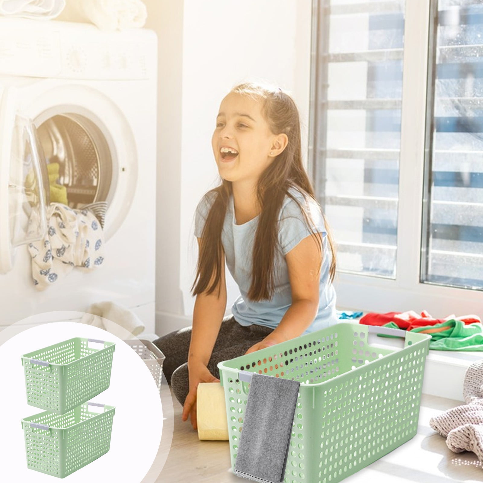 Darzheoy Laundry Basket, 2 pcs Plastic Hamper with Handles, Open Storage Bin to Organize Closets, Cabinets, Pantry, Shelving and Countertop Space, Suitable for Families and Dorms 3PC-Green - Image 2