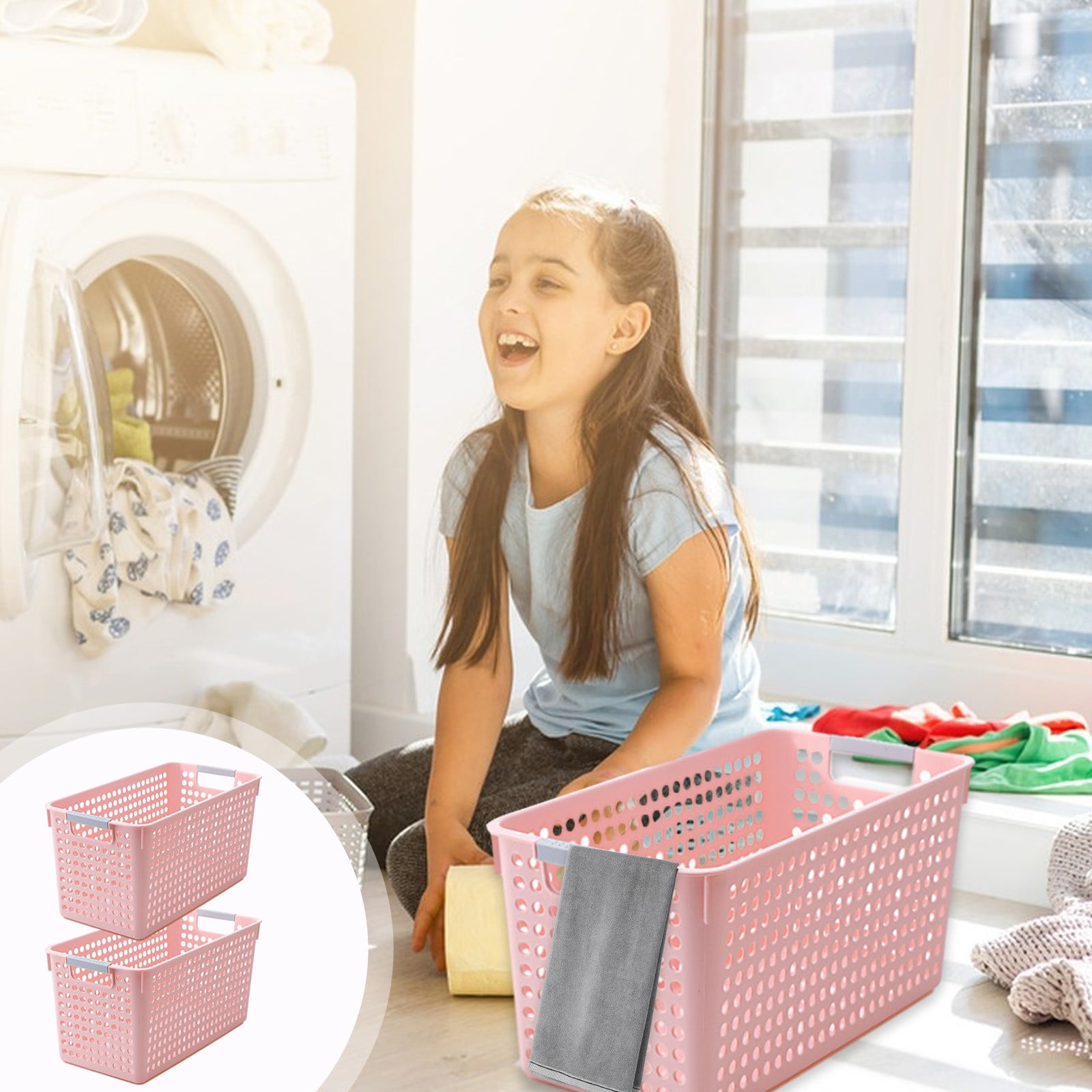 Darzheoy Laundry Basket, 2 pcs Plastic Hamper with Handles, Open Storage Bin to Organize Closets, Cabinets, Pantry, Shelving and Countertop Space, Suitable for Families and Dorms 3PC-Pink - Image 2