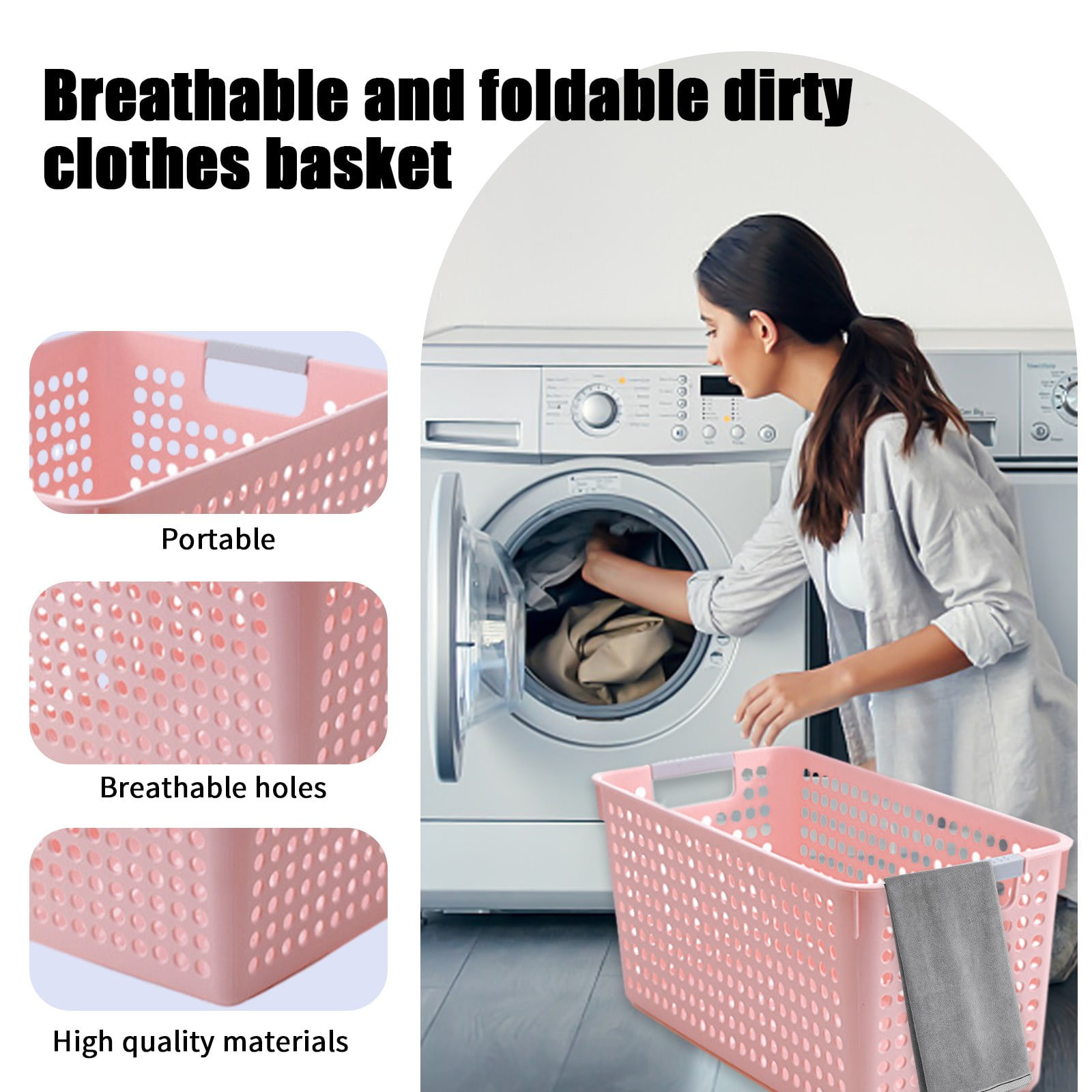Darzheoy Laundry Basket, 2 pcs Plastic Hamper with Handles, Open Storage Bin to Organize Closets, Cabinets, Pantry, Shelving and Countertop Space, Suitable for Families and Dorms 3PC-Pink - Image 8