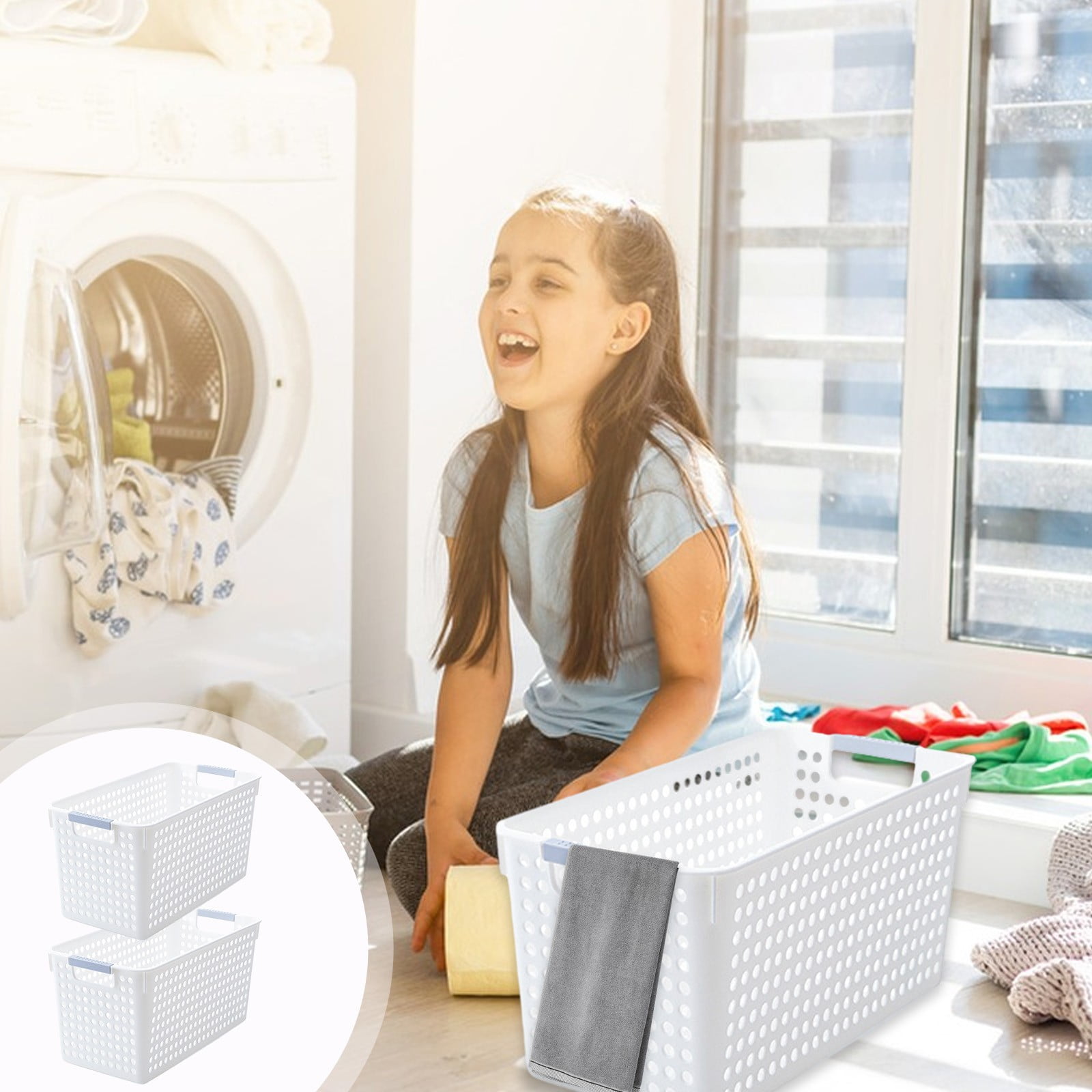 Darzheoy Laundry Basket, 2 pcs Plastic Hamper with Handles, Open Storage Bin to Organize Closets, Cabinets, Pantry, Shelving and Countertop Space, Suitable for Families and Dorms 3PC-White - Image 2