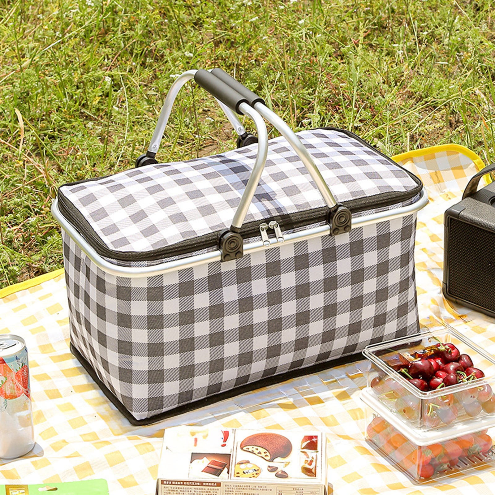 Kdkad Picnic Basket, Collapsible Shopping Basket with Lid Large Market Basket with Handles Reusable Folding Grocery Basket Insulated Cooler Bag for Picnic Travel 47x27x22cm/18.5x10.62x8.66in Black - Image 1