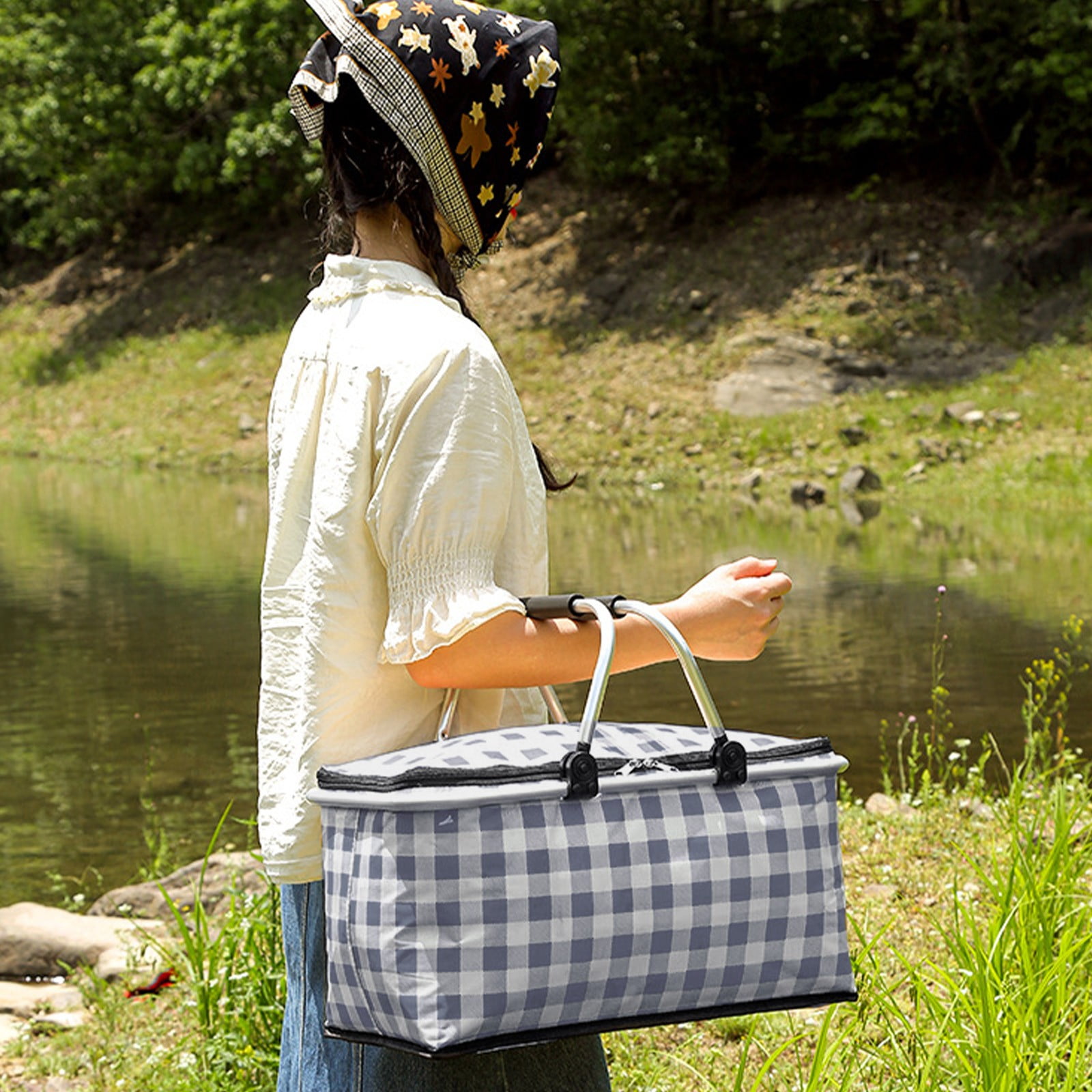 Kdkad Picnic Basket, Collapsible Shopping Basket with Lid Large Market Basket with Handles Reusable Folding Grocery Basket Insulated Cooler Bag for Picnic Travel 47x27x22cm/18.5x10.62x8.66in Black - Image 4