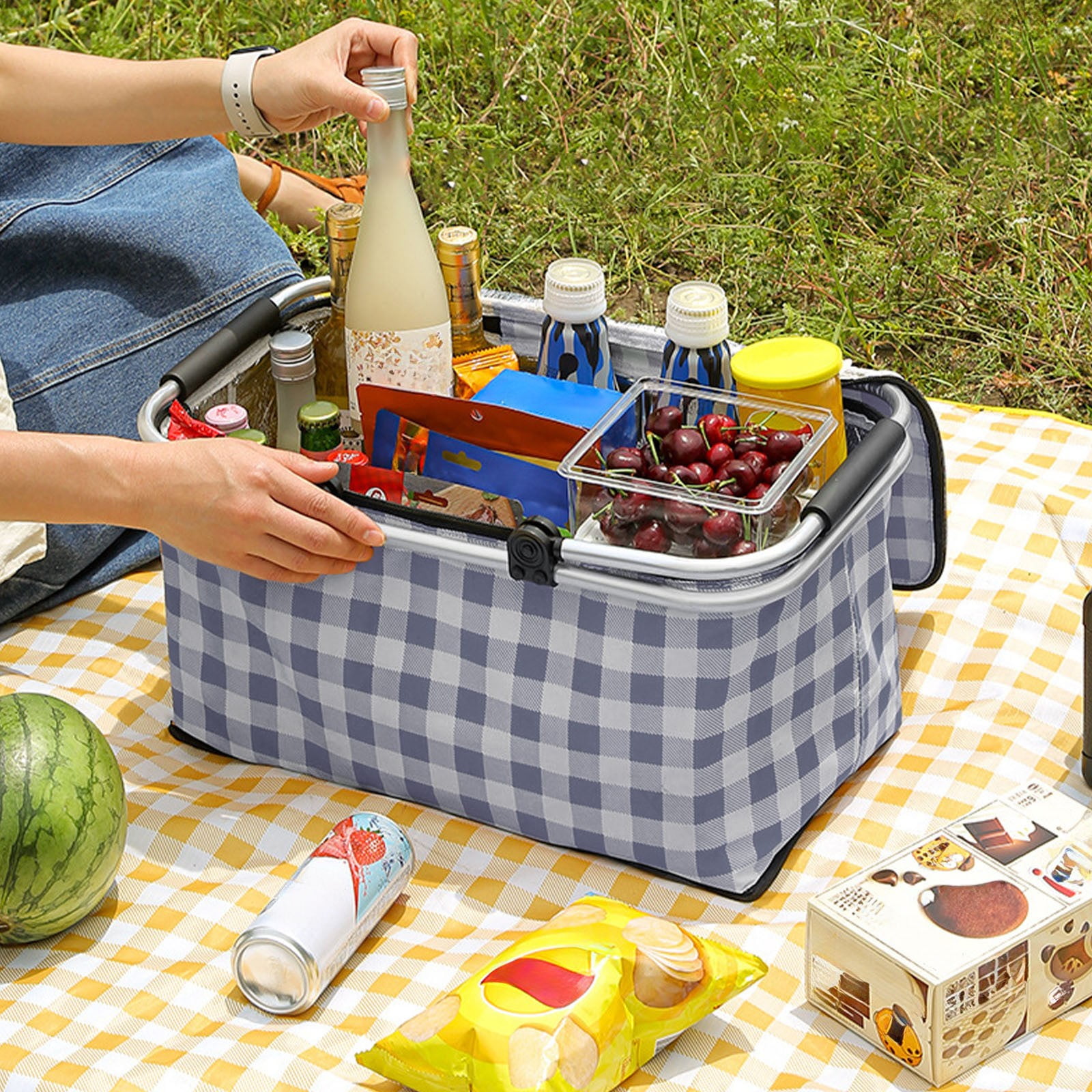 Kdkad Picnic Basket, Collapsible Shopping Basket with Lid Large Market Basket with Handles Reusable Folding Grocery Basket Insulated Cooler Bag for Picnic Travel 47x27x22cm/18.5x10.62x8.66in Black - Image 5