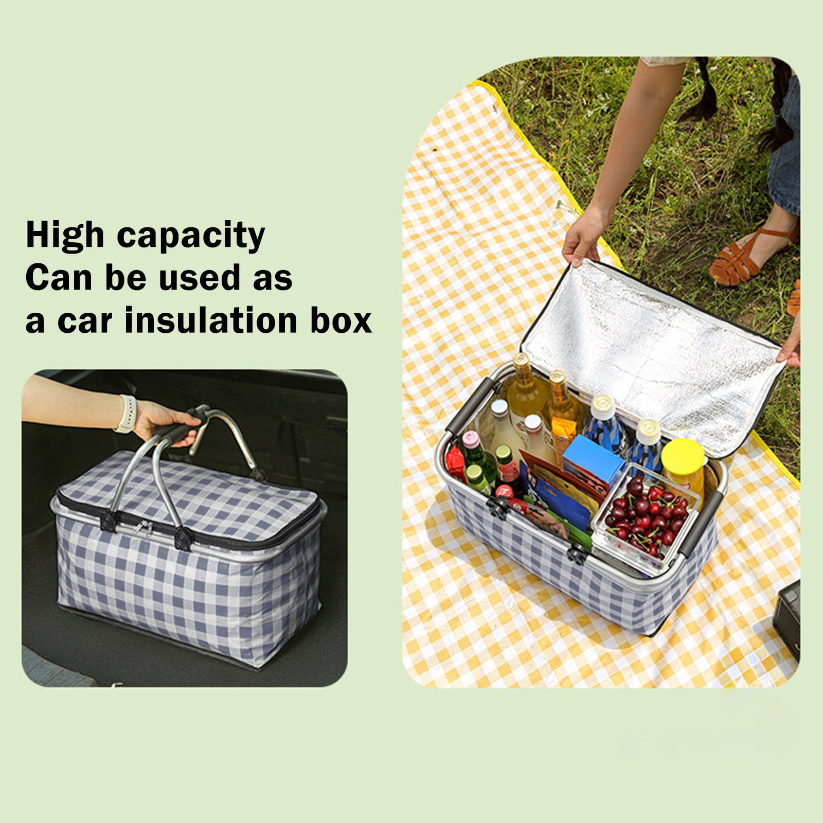 Kdkad Picnic Basket, Collapsible Shopping Basket with Lid Large Market Basket with Handles Reusable Folding Grocery Basket Insulated Cooler Bag for Picnic Travel 47x27x22cm/18.5x10.62x8.66in Black - Image 7