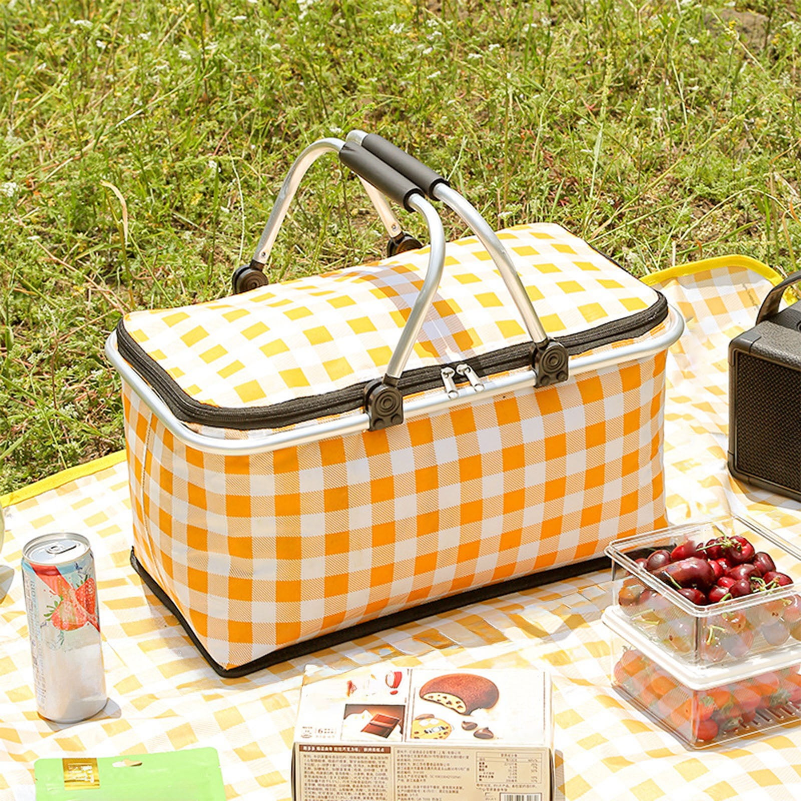 Kdkad Picnic Basket, Collapsible Shopping Basket with Lid Large Market Basket with Handles Reusable Folding Grocery Basket Insulated Cooler Bag for Picnic Travel 18.5×8.7×10.6 in Green - Image 1