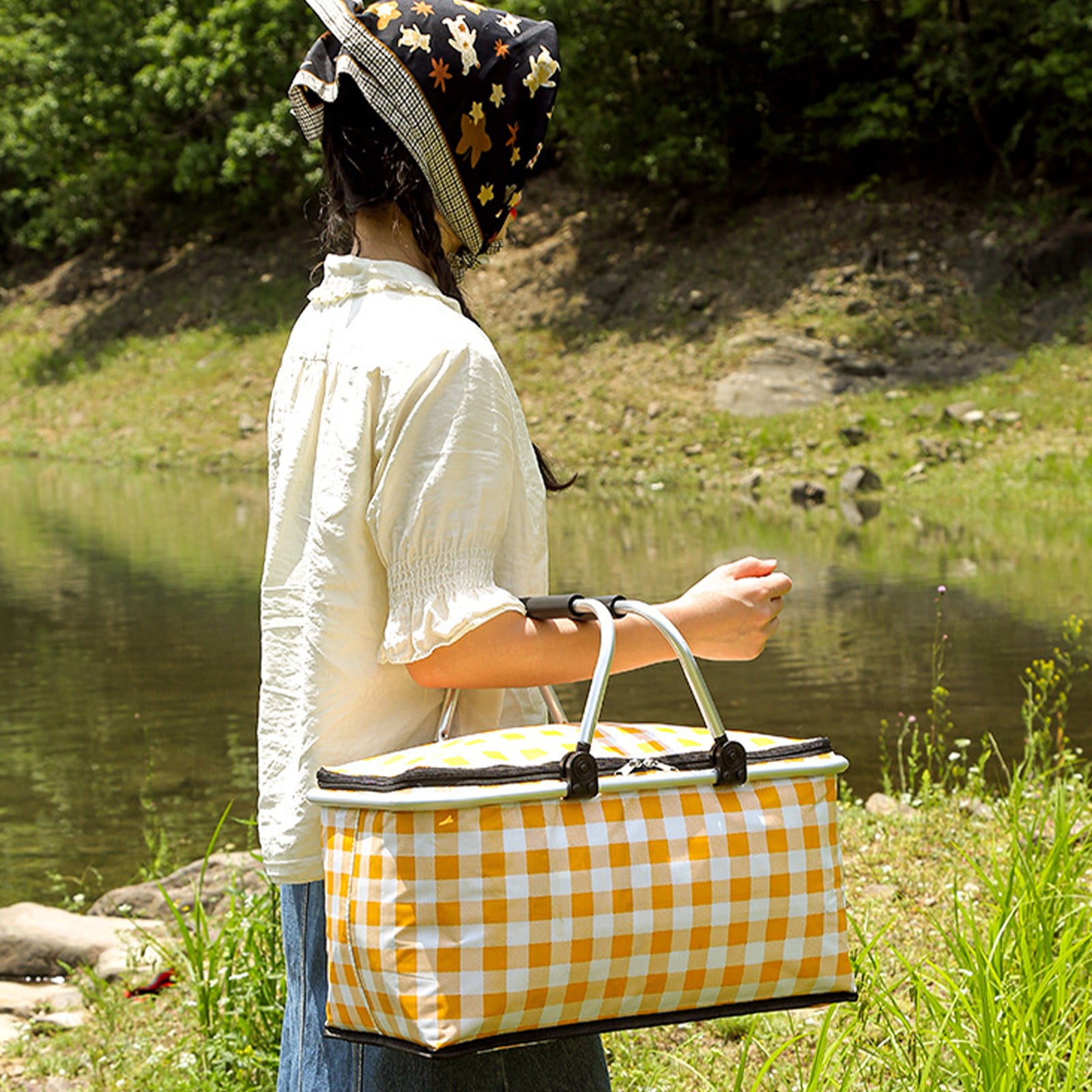 Kdkad Picnic Basket, Collapsible Shopping Basket with Lid Large Market Basket with Handles Reusable Folding Grocery Basket Insulated Cooler Bag for Picnic Travel 18.5×8.7×10.6 in Green - Image 4
