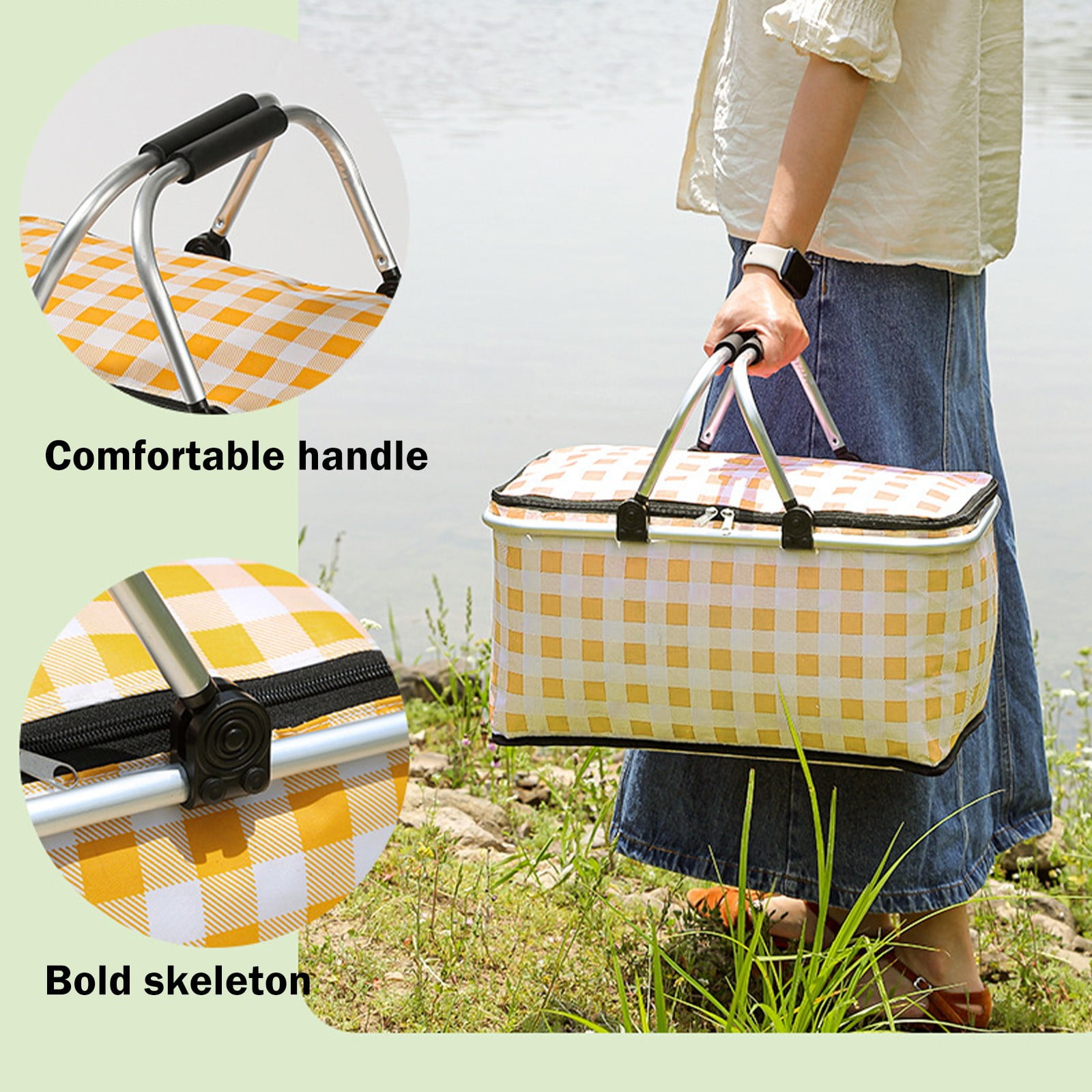 Kdkad Picnic Basket, Collapsible Shopping Basket with Lid Large Market Basket with Handles Reusable Folding Grocery Basket Insulated Cooler Bag for Picnic Travel 18.5×8.7×10.6 in Pink - Image 6