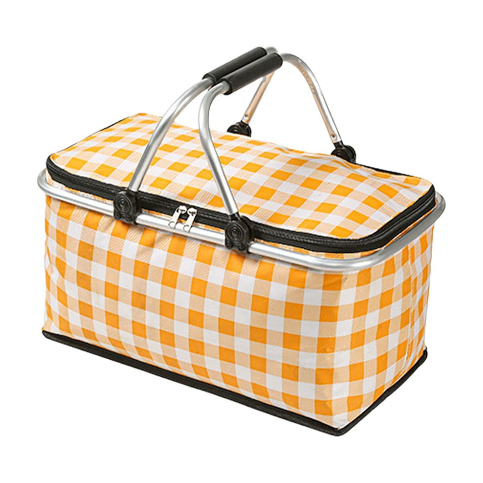 Kdkad Picnic Basket, Collapsible Shopping Basket with Lid Large Market Basket with Handles Reusable Folding Grocery Basket Insulated Cooler Bag for Picnic Travel 18.5×8.7×10.6 in Yellow - Image 2